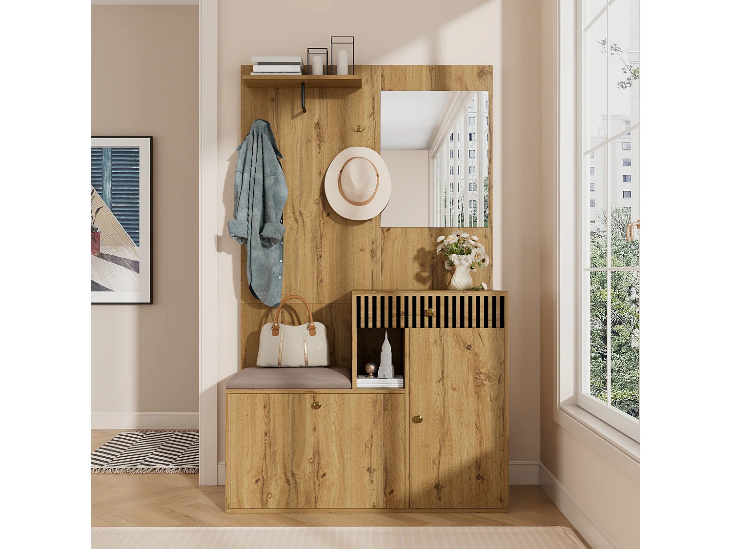 Ensemble vestiaire d'entrée 110x37x185,5 cm - avec miroir et crochets - Meuble à chaussures et banc à chaussures - Naturel