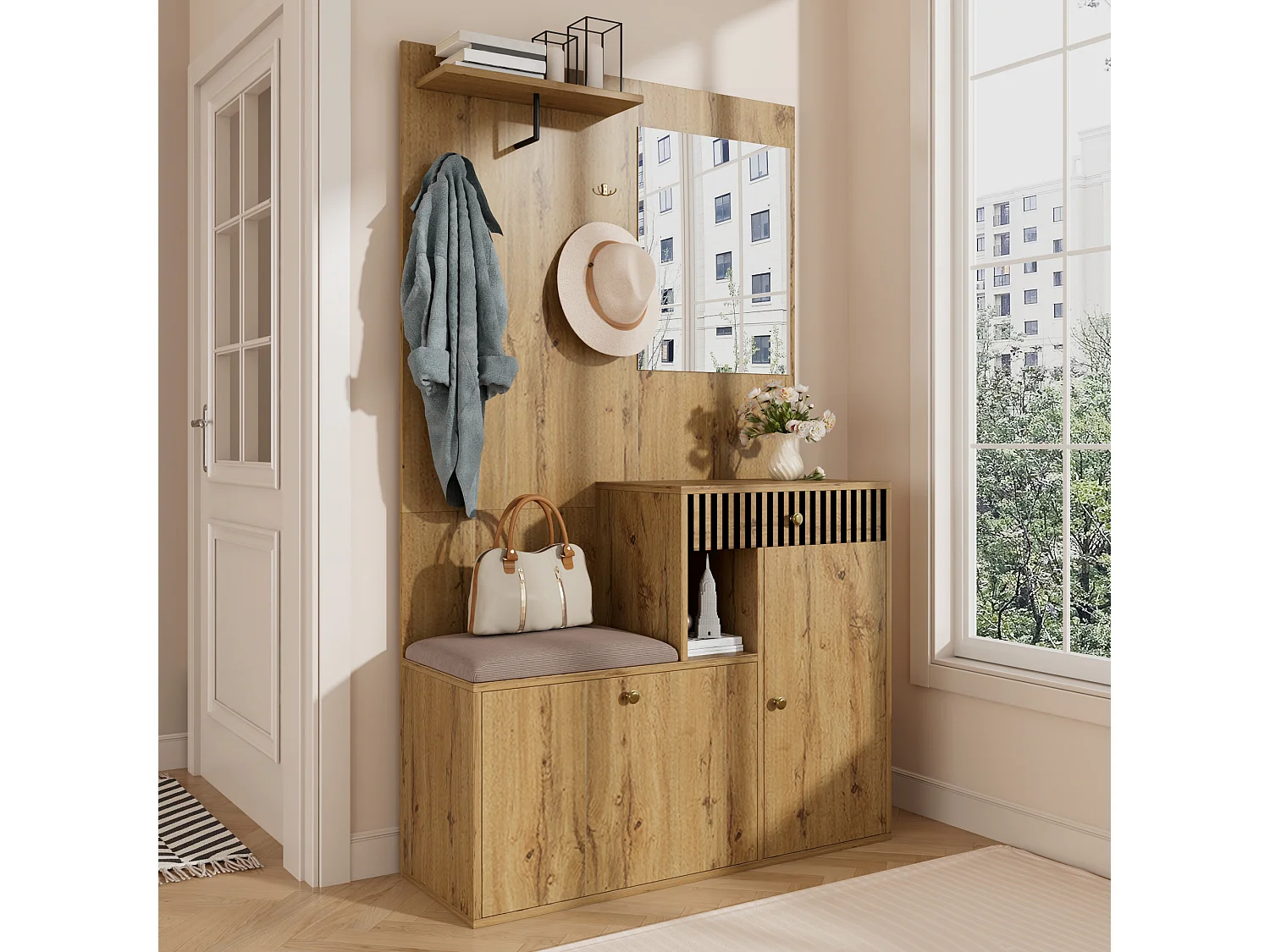 Ensemble vestiaire d'entrée 110x37x185,5 cm - avec miroir et crochets - Meuble à chaussures et banc à chaussures - Naturel