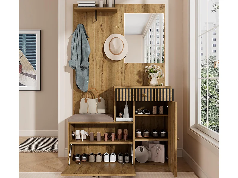 Garderobeset 110x37x185,5 cm - met spiegel en haken - Schoenmeubel en schoenbank - Natuur