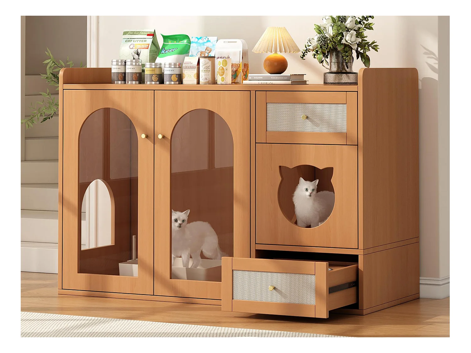 Buffet 120x45x83cm - 2 gamelles pour chat - 2 tiroirs et 2 portes - naturel