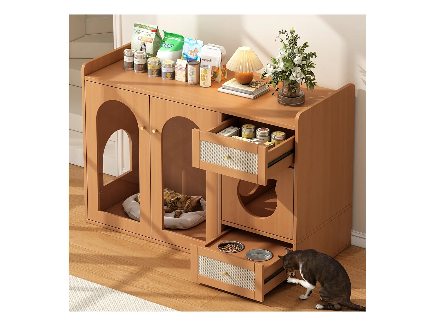 Buffet 120x45x83cm - 2 gamelles pour chat - 2 tiroirs et 2 portes - naturel