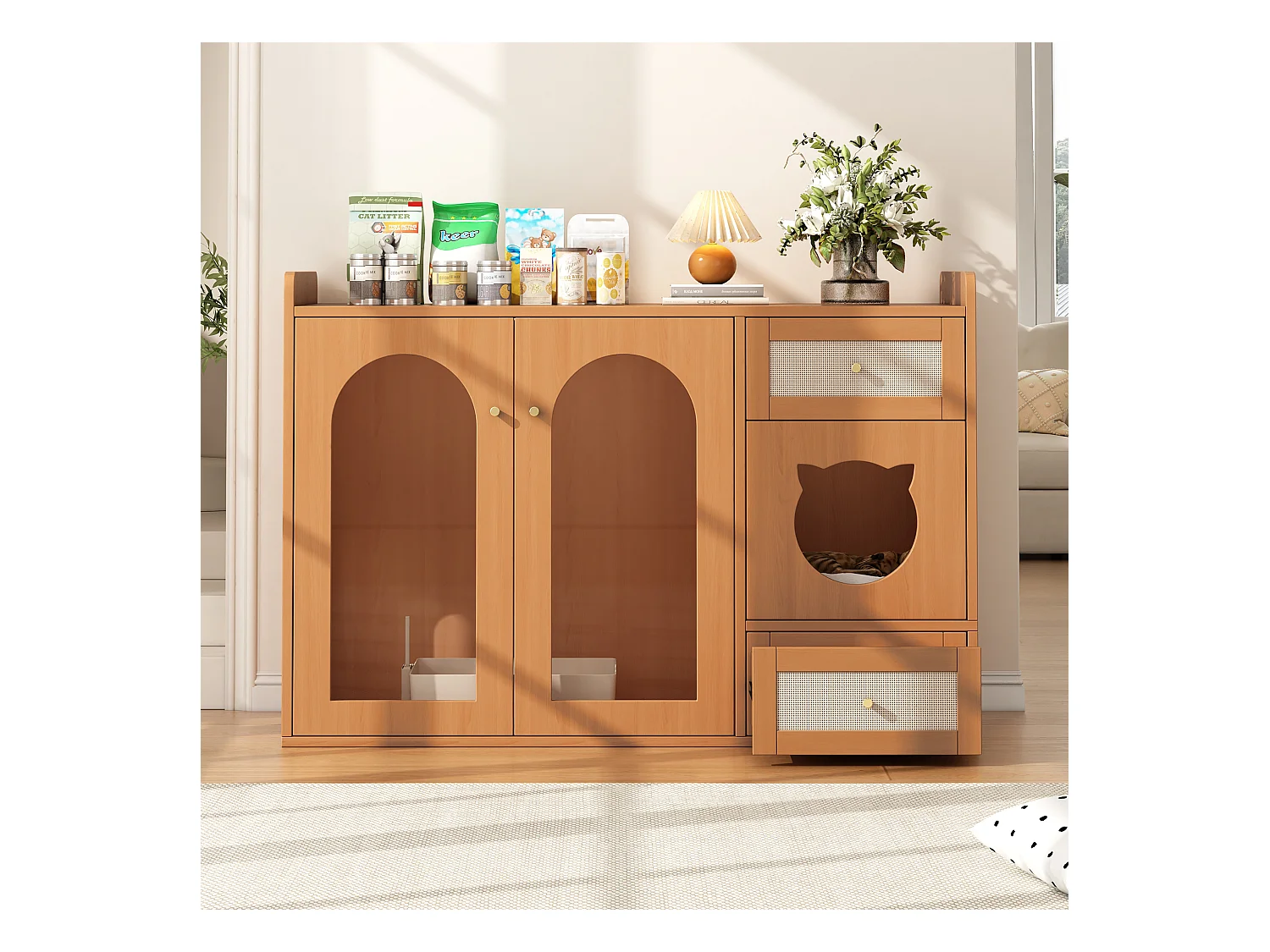 Buffet 120x45x83cm - 2 gamelles pour chat - 2 tiroirs et 2 portes - naturel