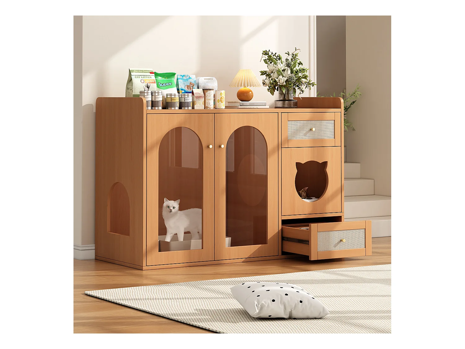 Buffet 120x45x83cm - 2 gamelles pour chat - 2 tiroirs et 2 portes - naturel