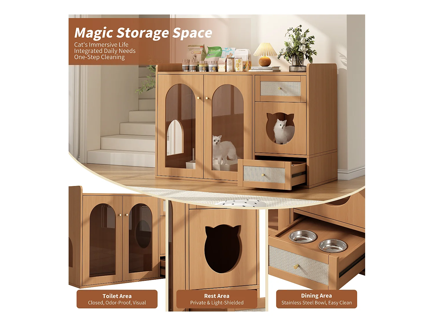 Buffet 120x45x83cm - 2 gamelles pour chat - 2 tiroirs et 2 portes - naturel