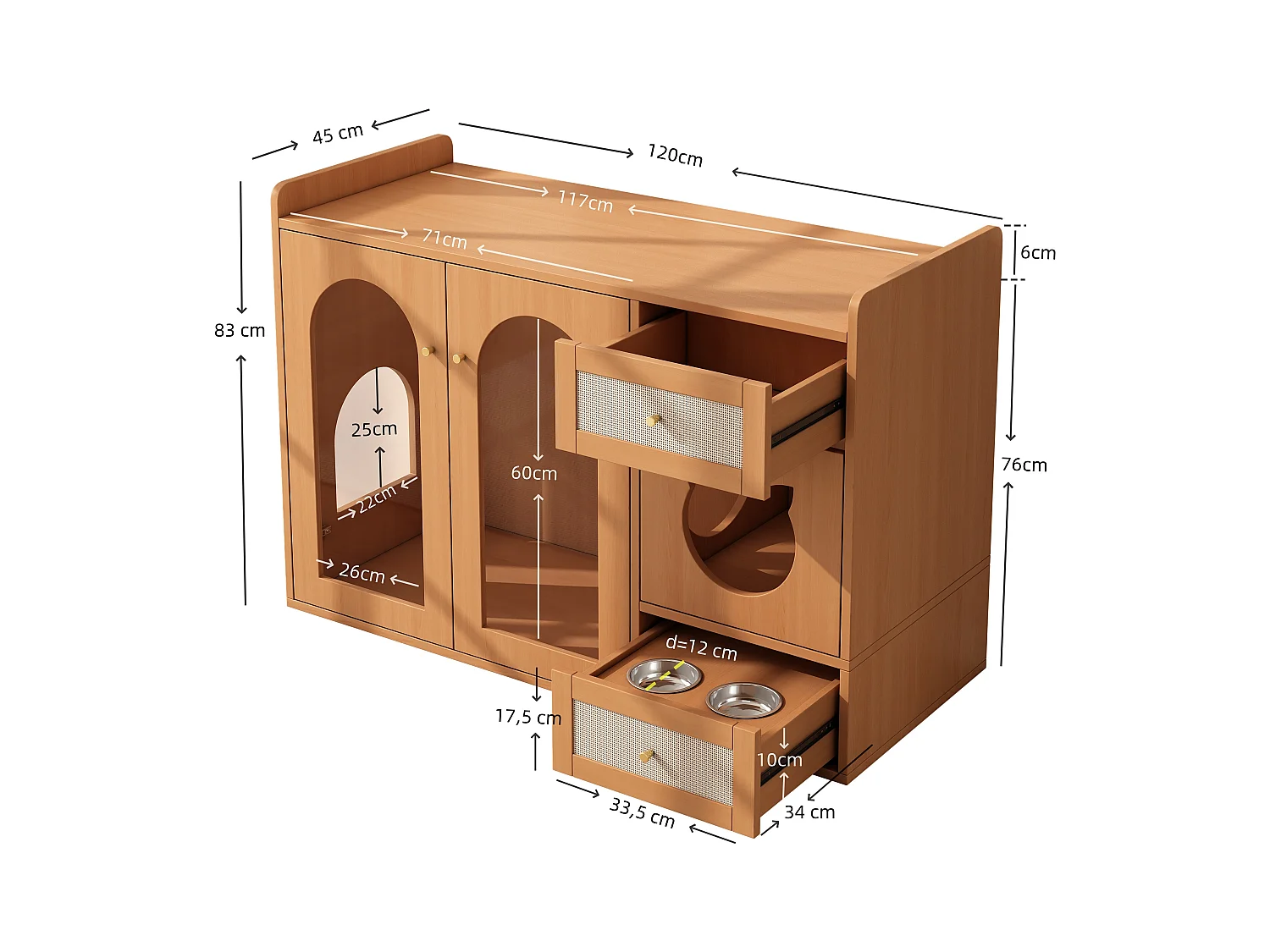 Buffet 120x45x83cm - 2 gamelles pour chat - 2 tiroirs et 2 portes - naturel