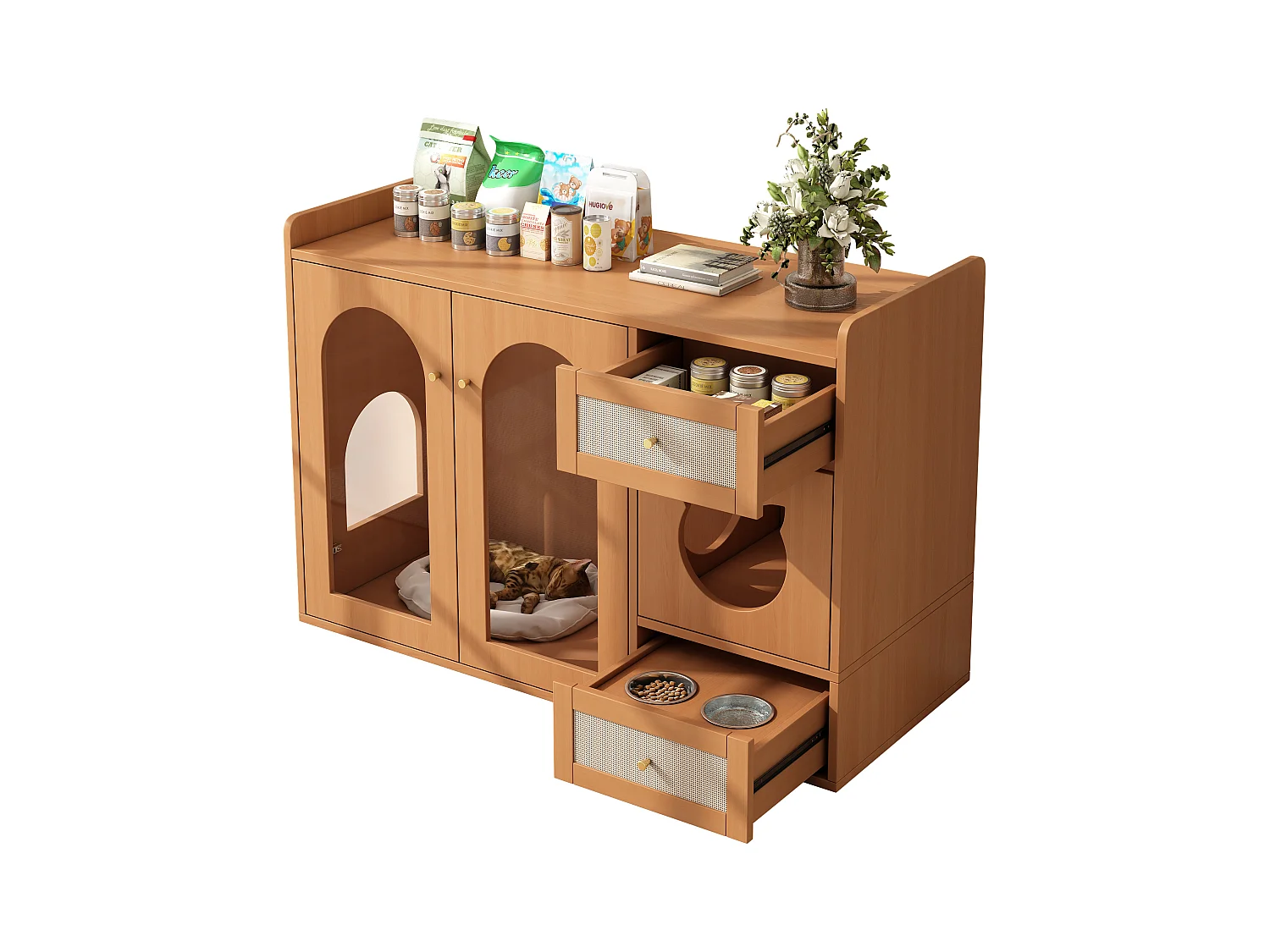 Buffet 120x45x83cm - 2 gamelles pour chat - 2 tiroirs et 2 portes - naturel