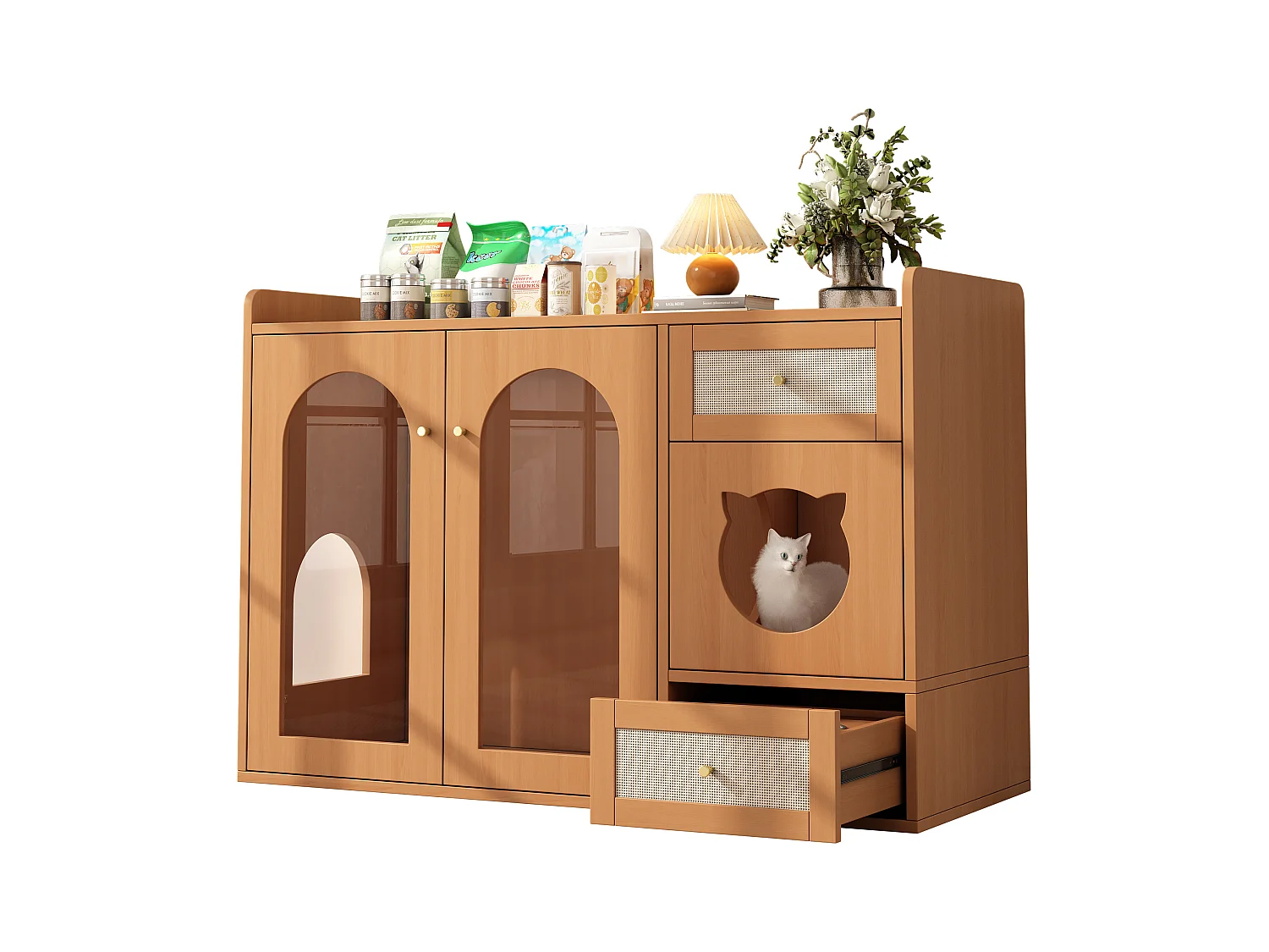 Buffet 120x45x83cm - 2 gamelles pour chat - 2 tiroirs et 2 portes - naturel