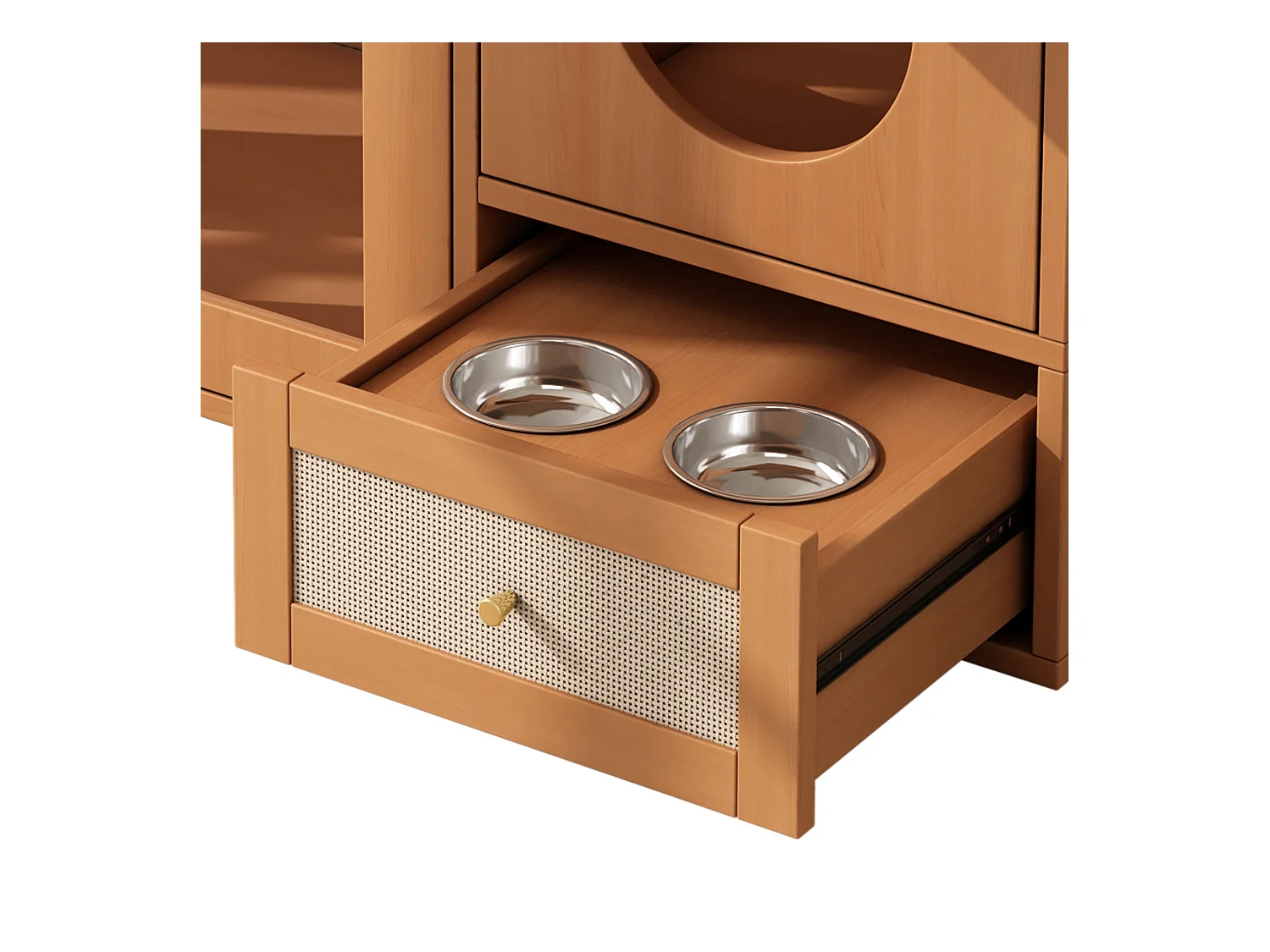 Buffet 120x45x83cm - 2 gamelles pour chat - 2 tiroirs et 2 portes - naturel