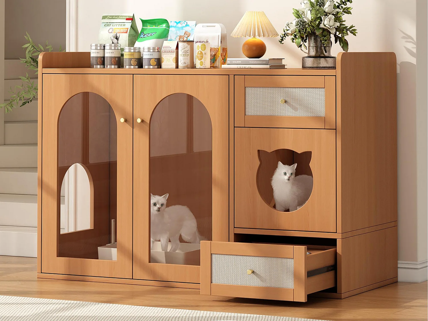 Buffet 120x45x83cm - 2 gamelles pour chat - 2 tiroirs et 2 portes - naturel