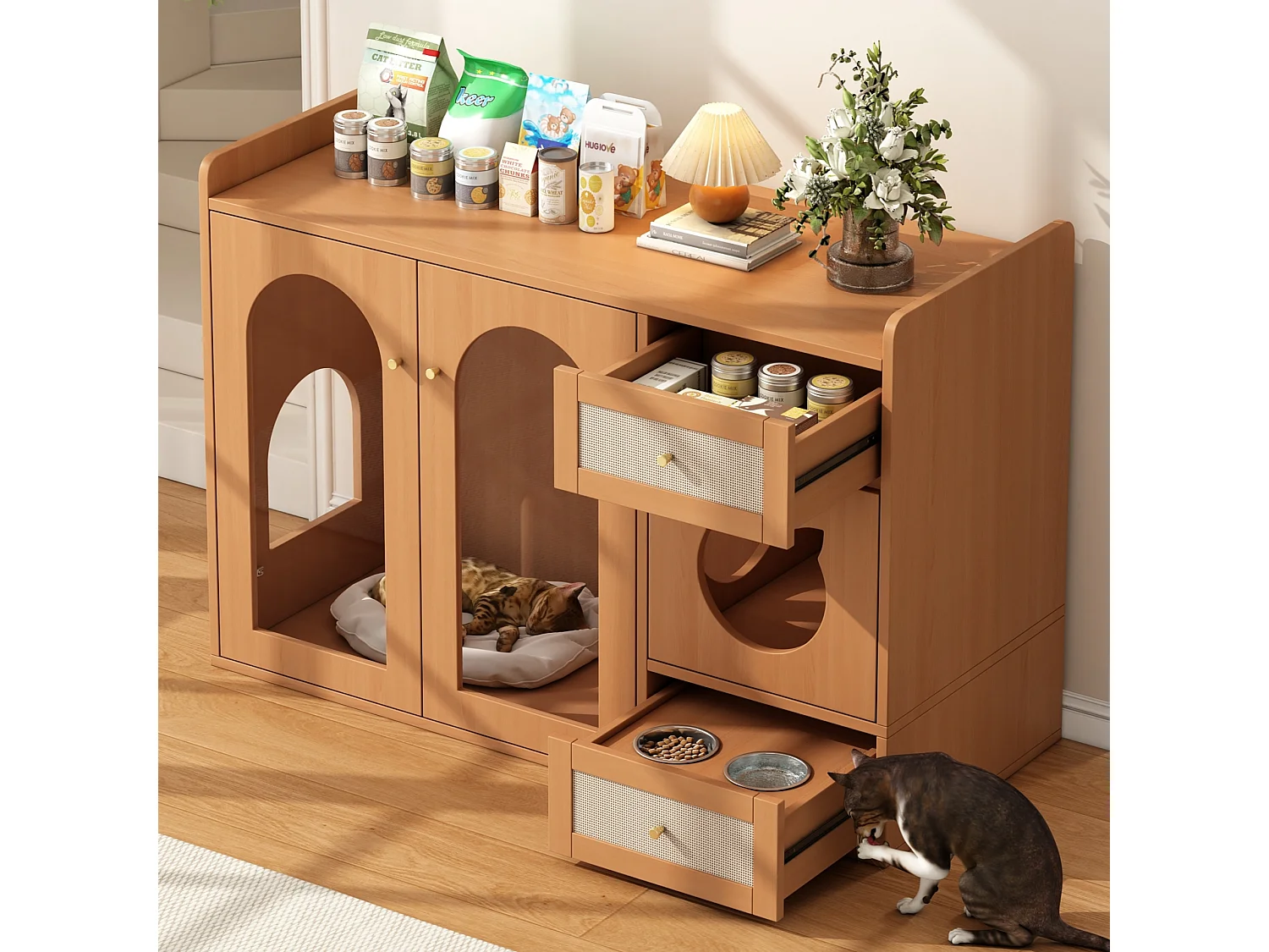 Buffet 120x45x83cm - 2 gamelles pour chat - 2 tiroirs et 2 portes - naturel