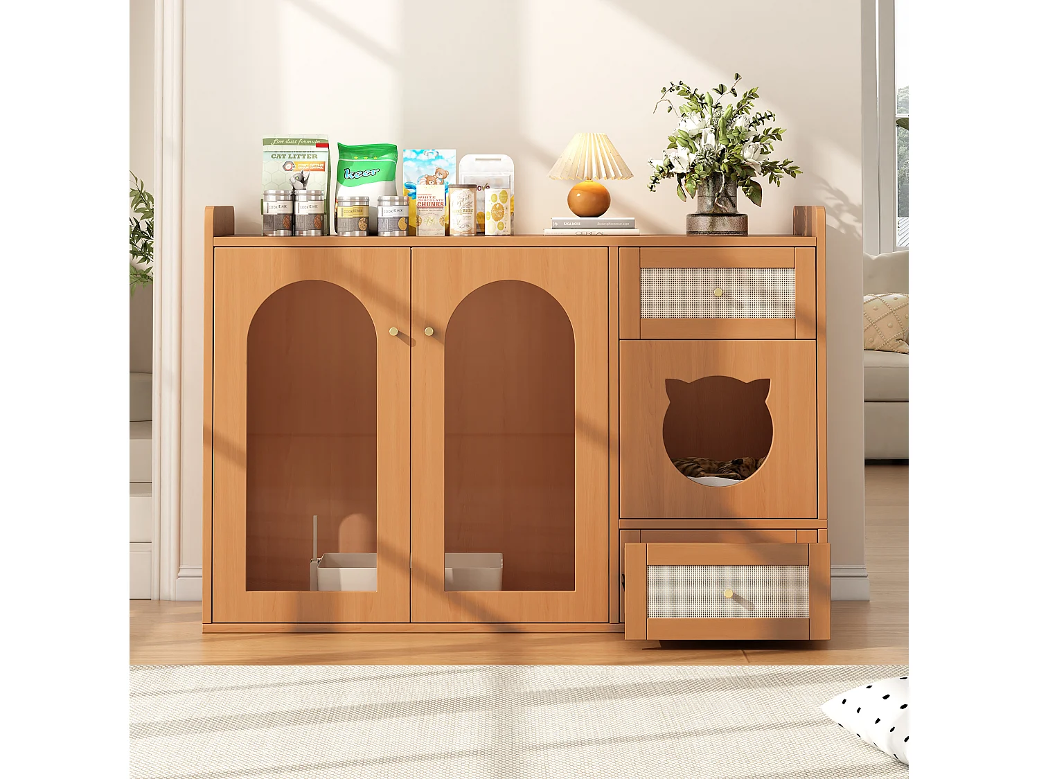 Buffet 120x45x83cm - 2 gamelles pour chat - 2 tiroirs et 2 portes - naturel