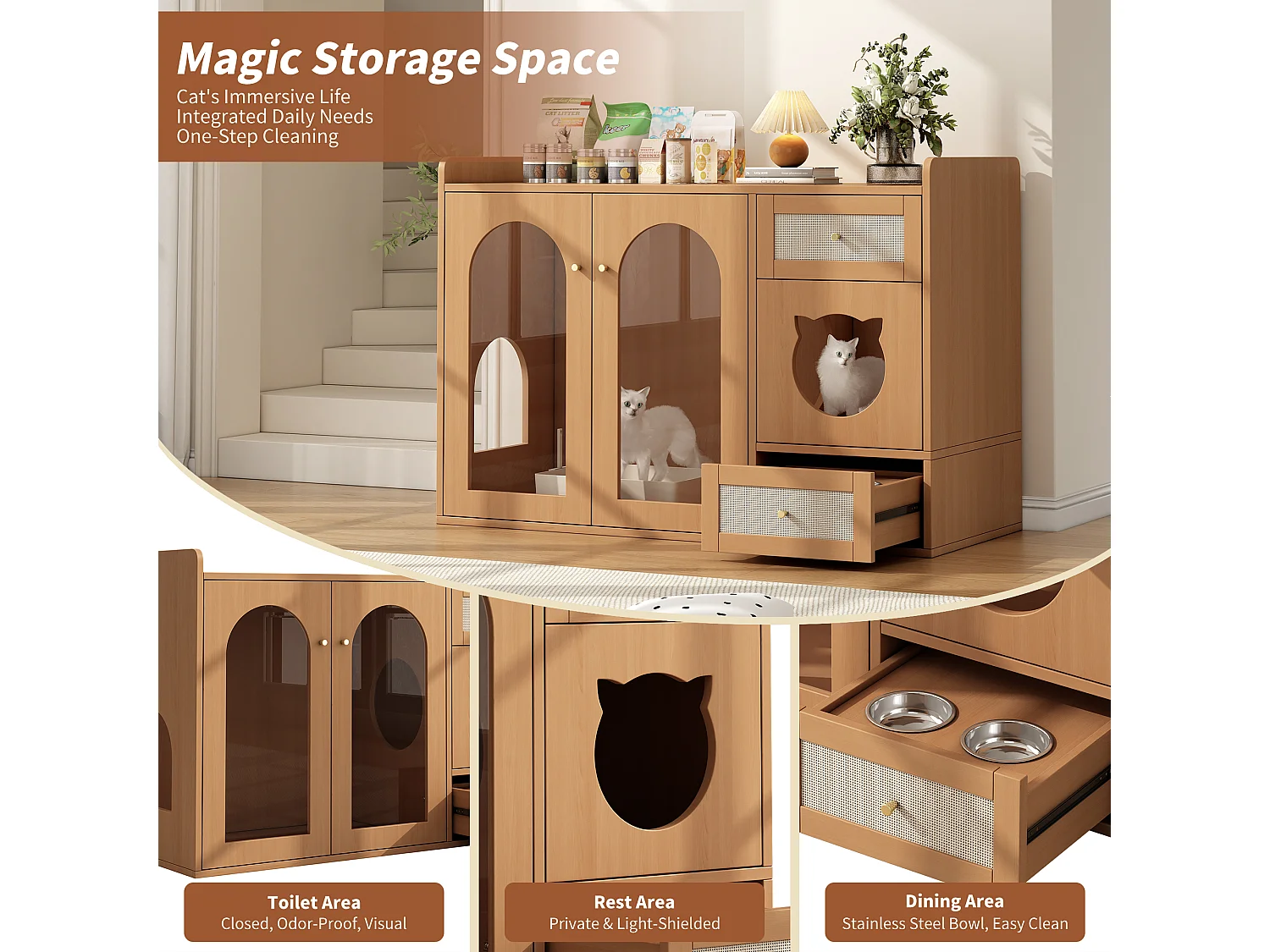 Buffet 120x45x83cm - 2 gamelles pour chat - 2 tiroirs et 2 portes - naturel