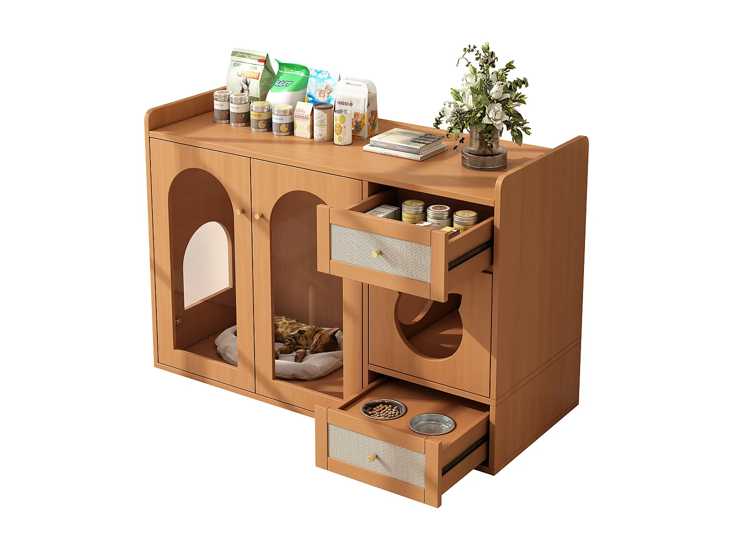 Buffet 120x45x83cm - 2 gamelles pour chat - 2 tiroirs et 2 portes - naturel