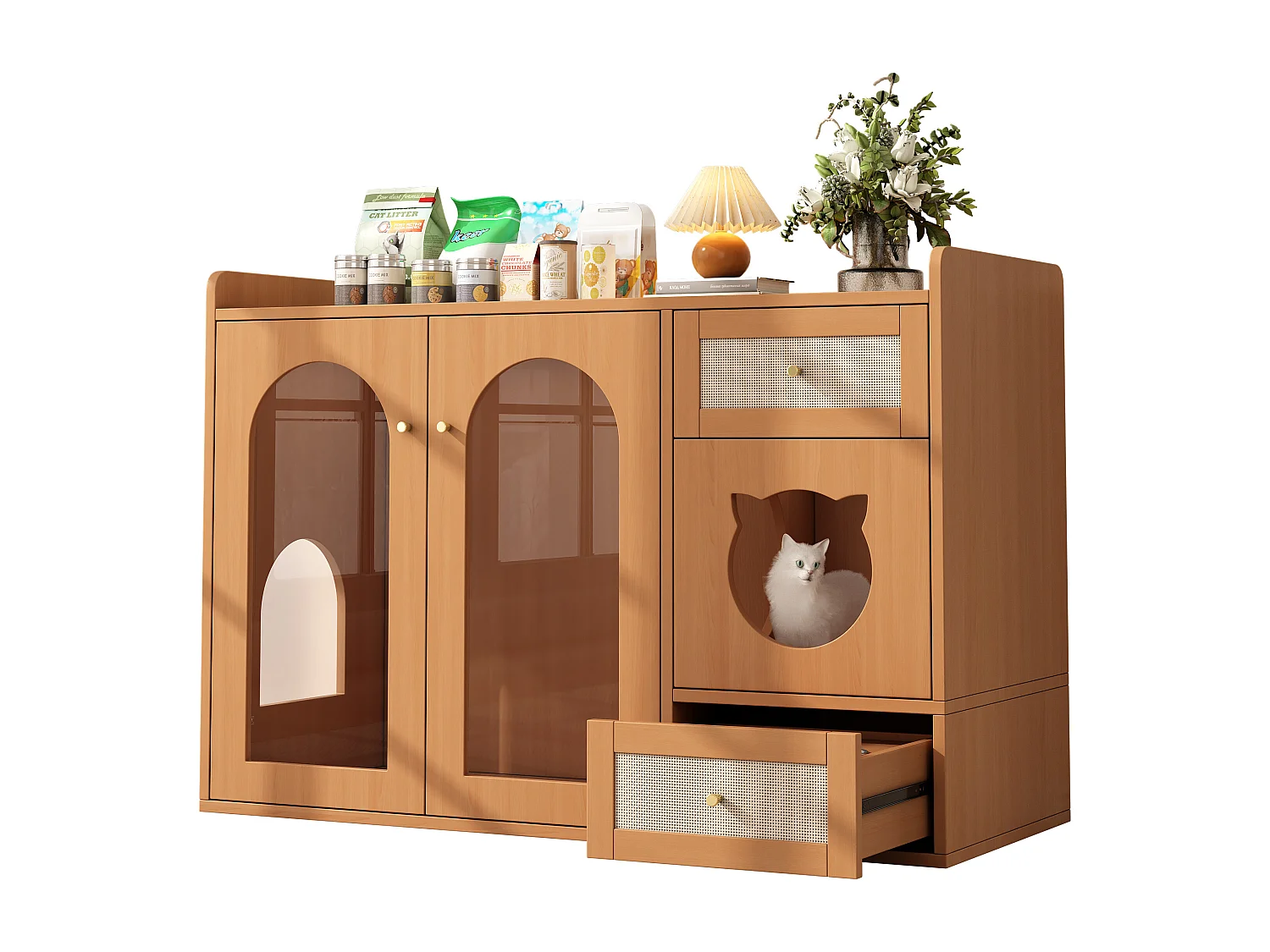 Buffet 120x45x83cm - 2 gamelles pour chat - 2 tiroirs et 2 portes - naturel