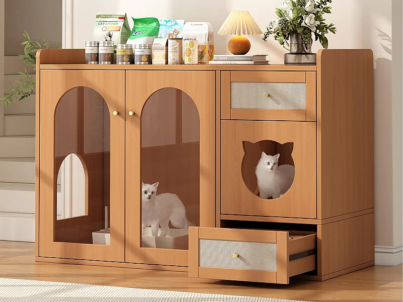 Buffet 120x45x83cm - 2 gamelles pour chat - 2 tiroirs et 2 portes - naturel