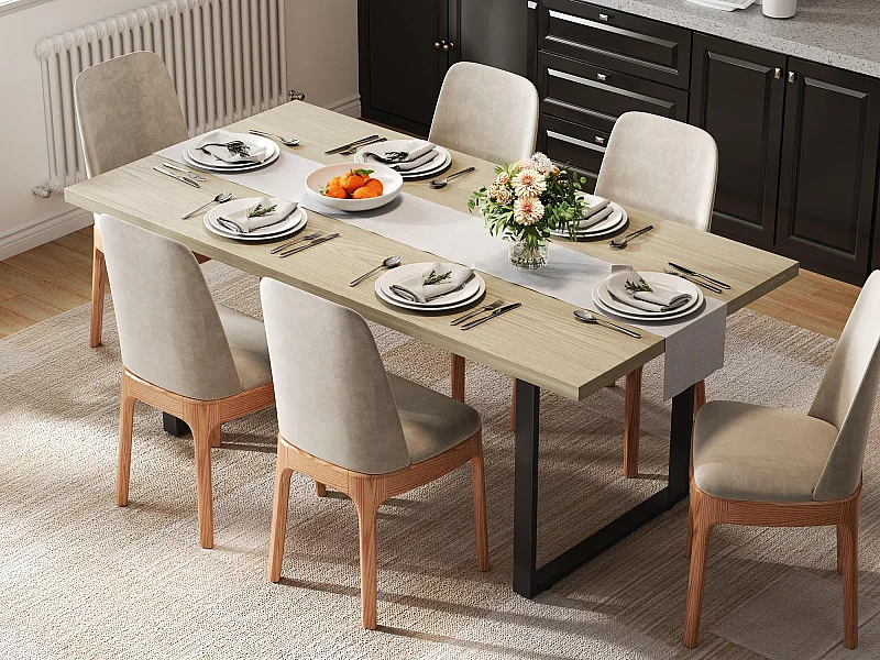 table à manger 160x80x75cm - style industriel - peut accueillir 6 à 8 personnes - cadre en métal- Noir + Naturel