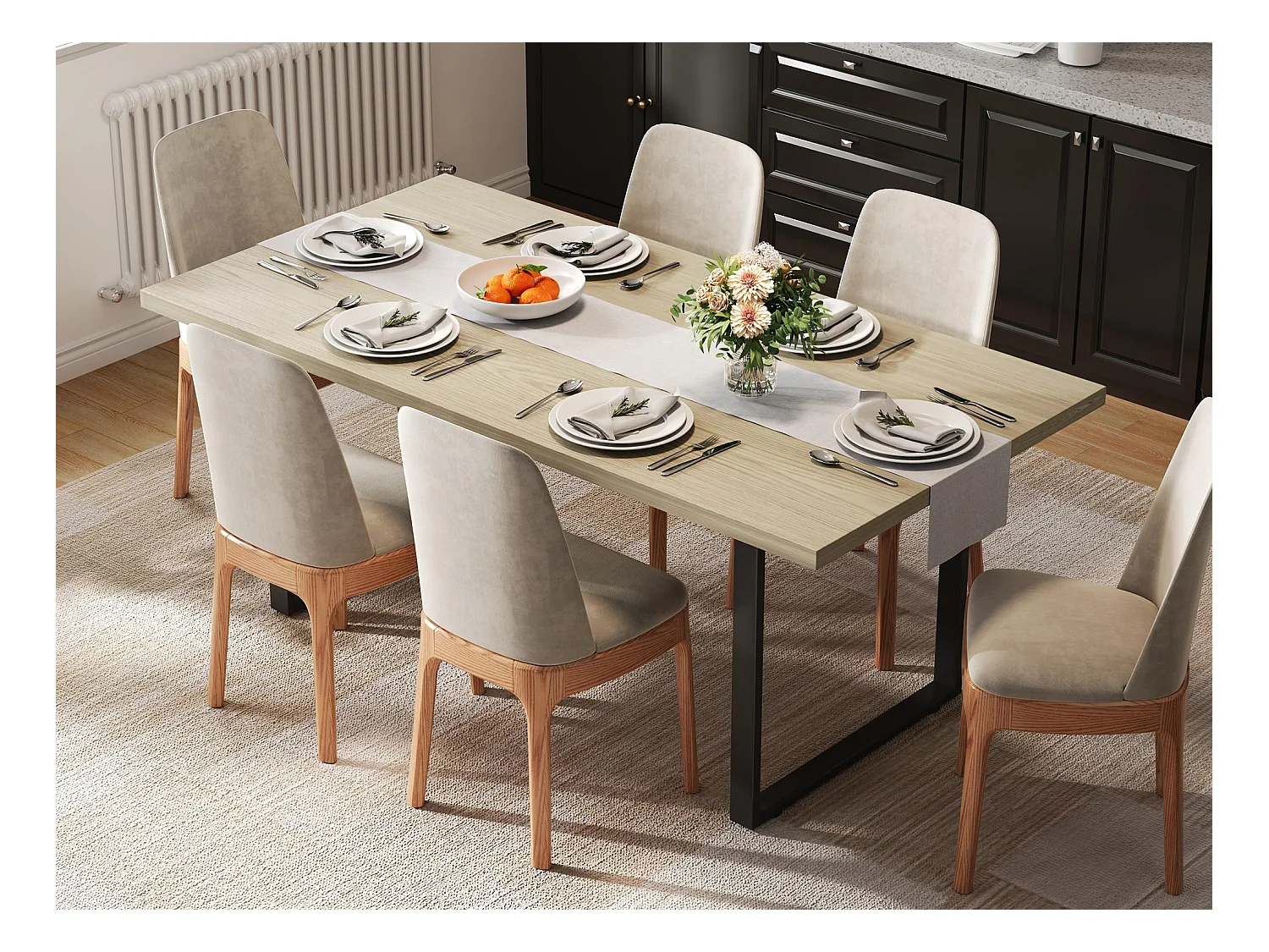 table à manger 160x80x75cm - style industriel - peut accueillir 6 à 8 personnes - cadre en métal- Noir + Naturel