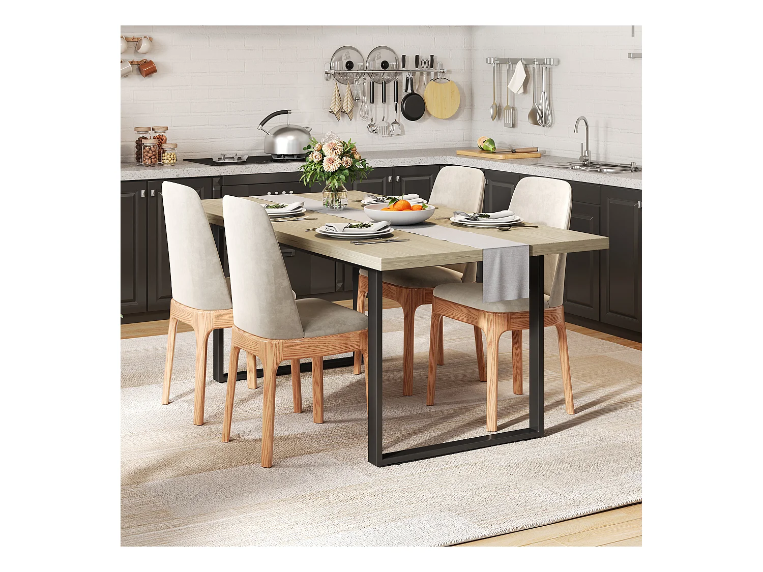 table à manger 160x80x75cm - style industriel - peut accueillir 6 à 8 personnes - cadre en métal- Noir + Naturel