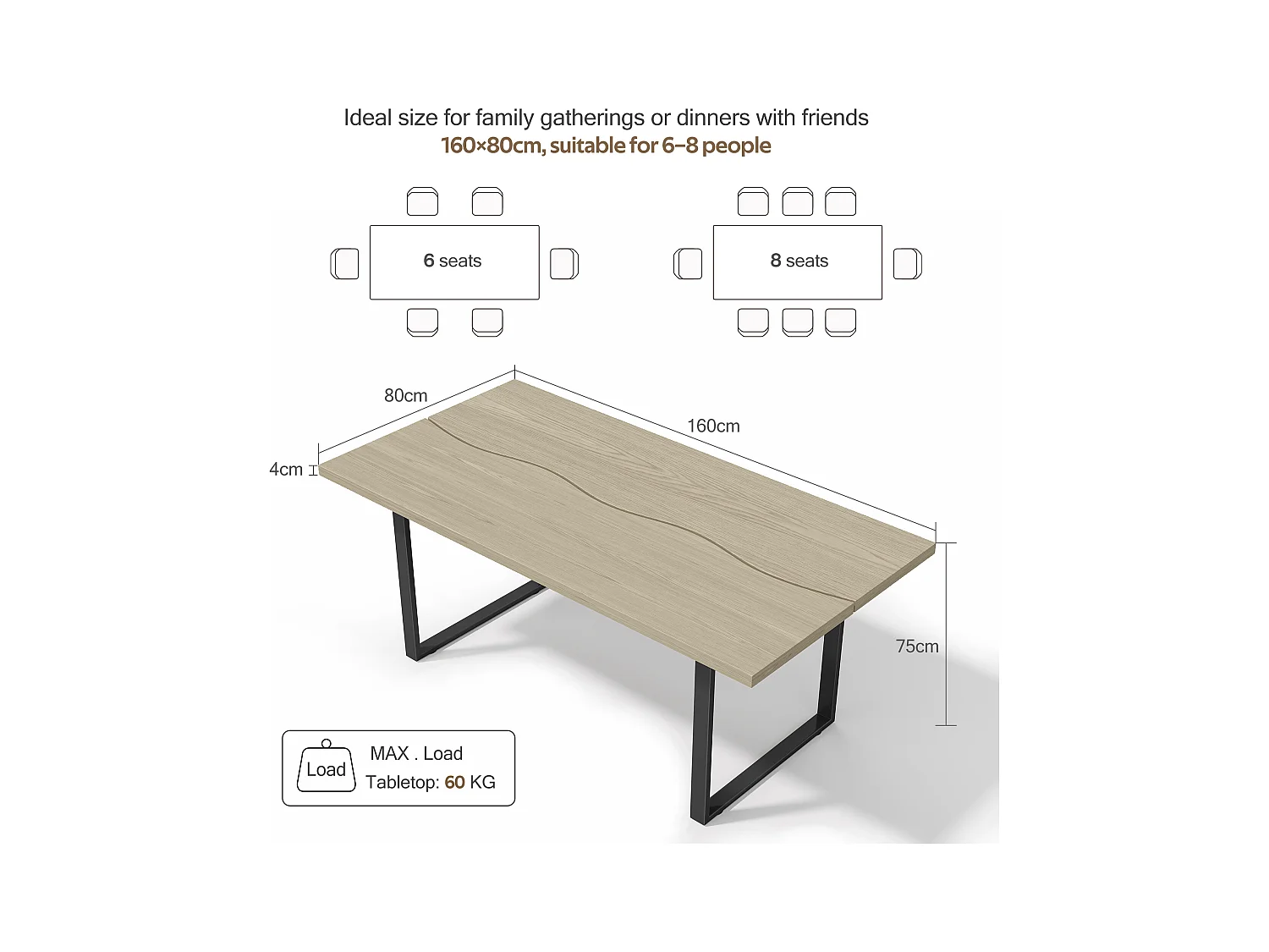 table à manger 160x80x75cm - style industriel - peut accueillir 6 à 8 personnes - cadre en métal- Noir + Naturel