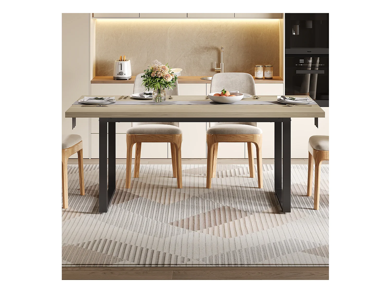 table à manger 160x80x75cm - style industriel - peut accueillir 6 à 8 personnes - cadre en métal- Noir + Naturel