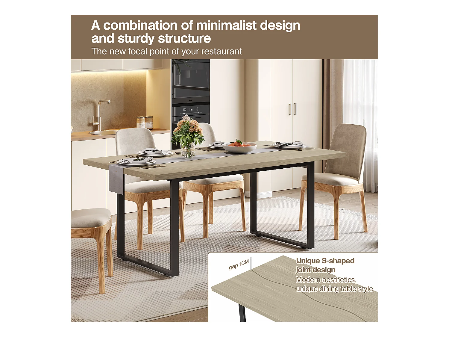 table à manger 160x80x75cm - style industriel - peut accueillir 6 à 8 personnes - cadre en métal- Noir + Naturel