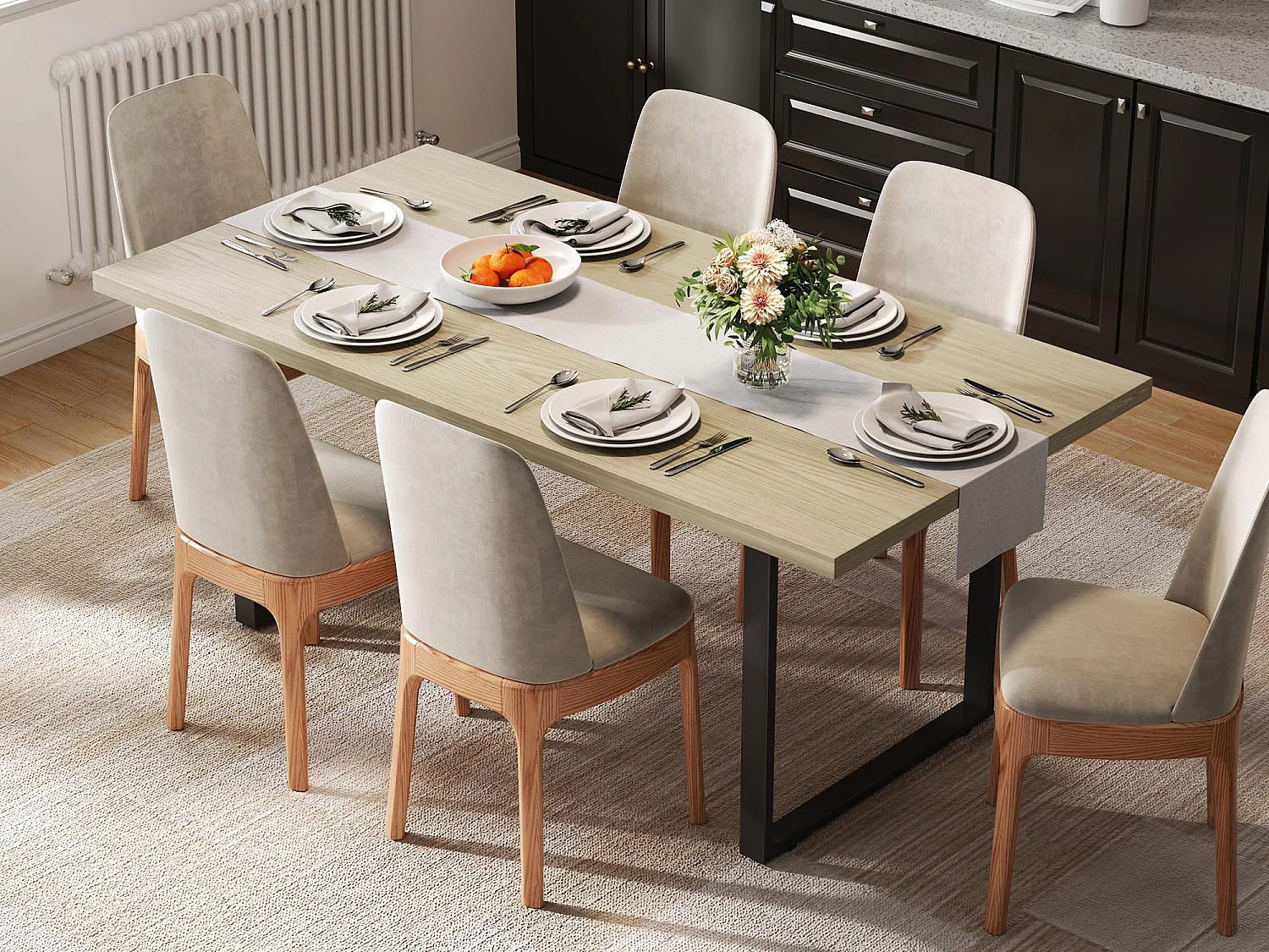 Esstisch 160x80x75 cm - Industriedesign - für 6-8 Personen - Metallgestell - Schwarz + Natur