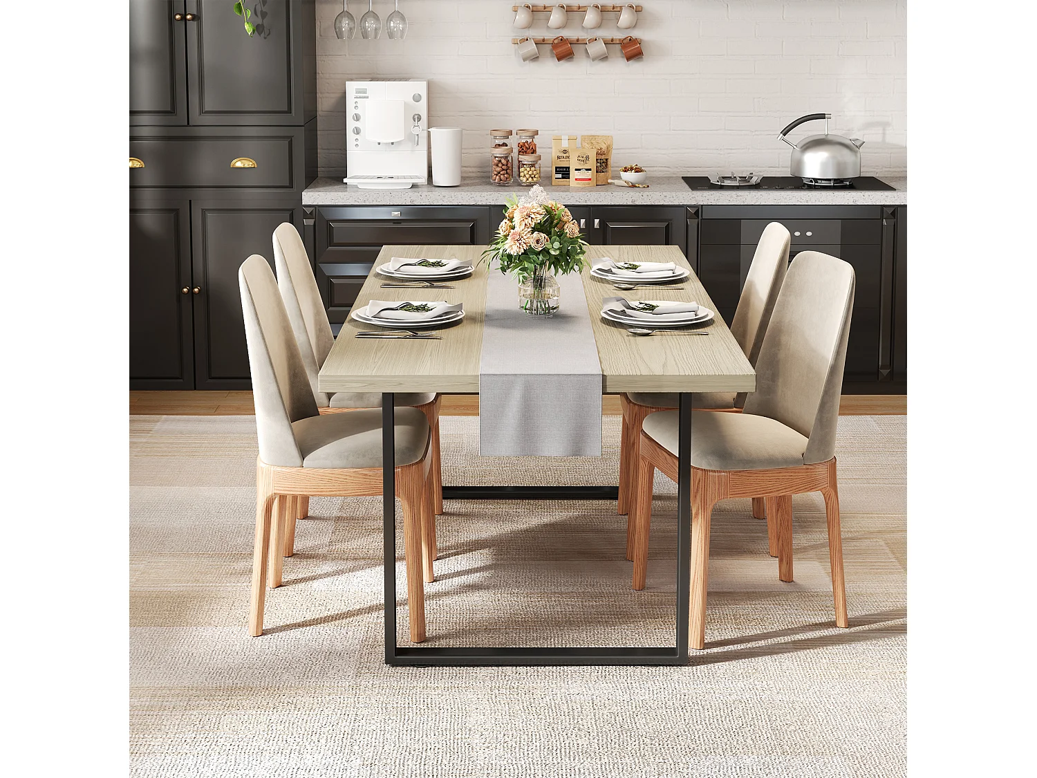 Esstisch 160x80x75 cm - Industriedesign - für 6-8 Personen - Metallgestell - Schwarz + Natur