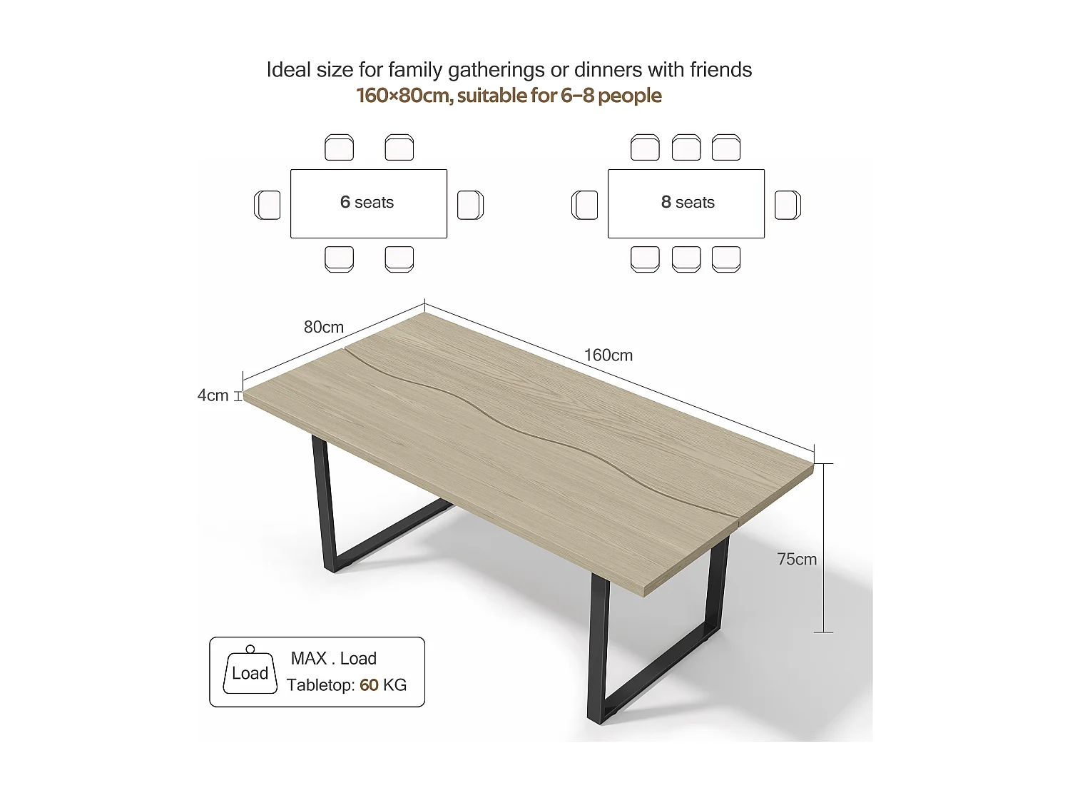 Esstisch 160x80x75 cm - Industriedesign - für 6-8 Personen - Metallgestell - Schwarz + Natur