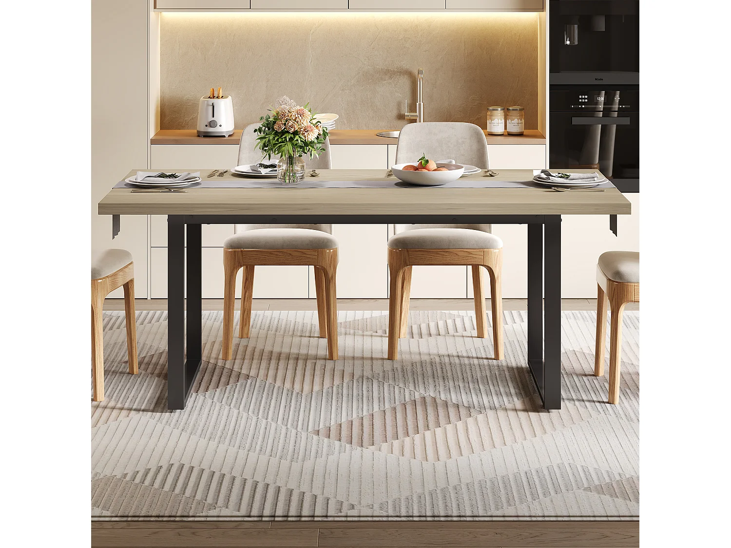 Esstisch 160x80x75 cm - Industriedesign - für 6-8 Personen - Metallgestell - Schwarz + Natur