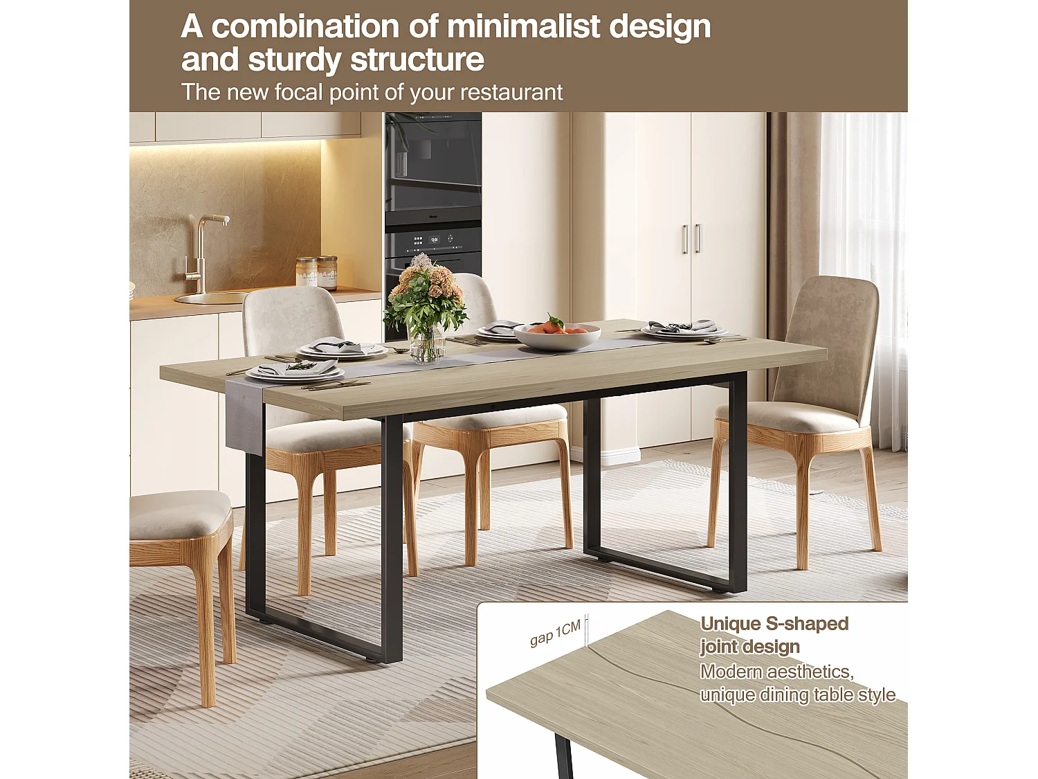 Esstisch 160x80x75 cm - Industriedesign - für 6-8 Personen - Metallgestell - Schwarz + Natur