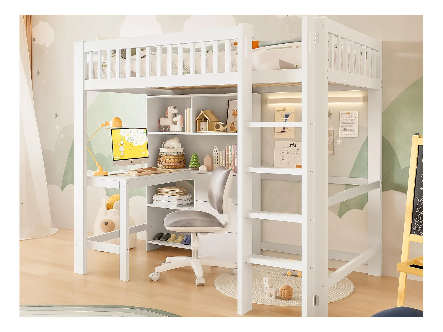 Lit mezzanine 90x200 cm - rangements multiples - avec échelle + bureau - avec 3 tiroirs - blanc (matelas non inclus)