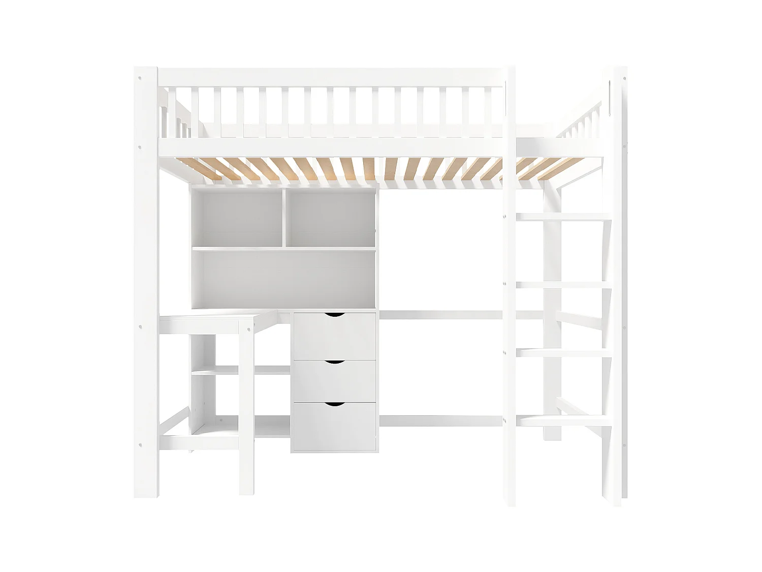 Lit mezzanine 90x200 cm - rangements multiples - avec échelle + bureau - avec 3 tiroirs - blanc (matelas non inclus)