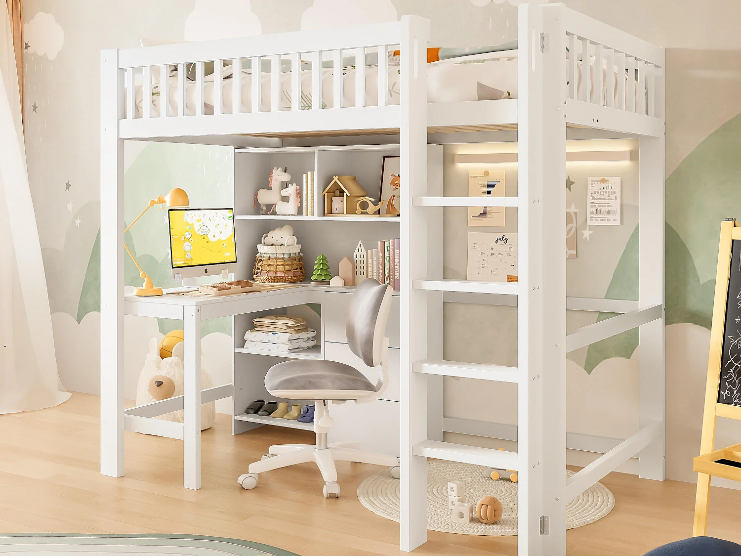 Lit mezzanine 90x200 cm - rangements multiples - avec échelle + bureau - avec 3 tiroirs - blanc (matelas non inclus)