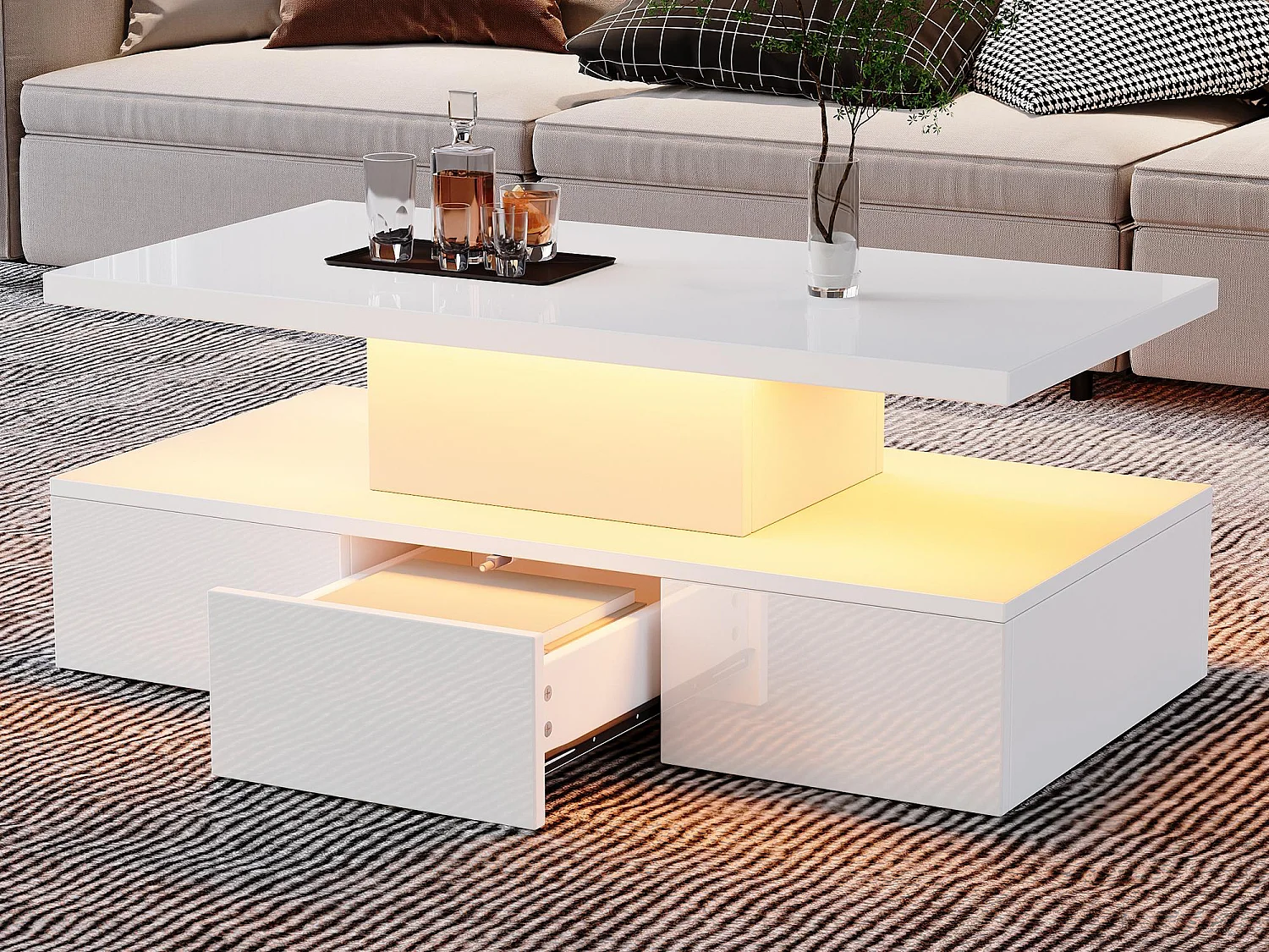 Table basse haute brillance 100x50x39 cm - avec 1 tiroir - Éclairage LED - Rangement ouvert - Blanc