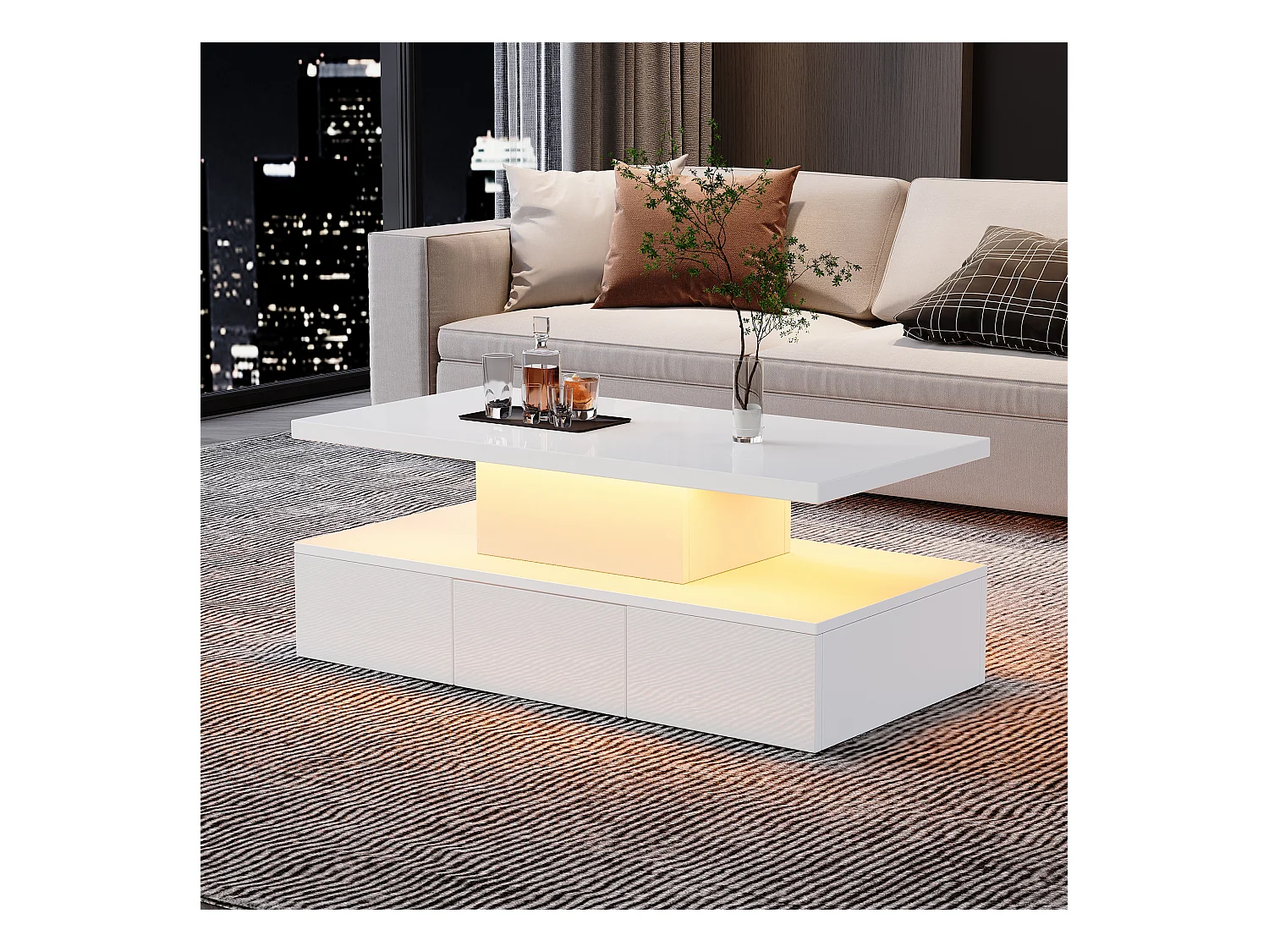 Table basse haute brillance 100x50x39 cm - avec 1 tiroir - Éclairage LED - Rangement ouvert - Blanc