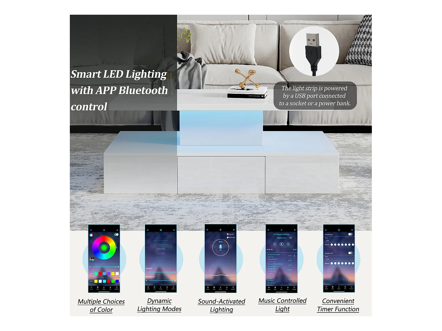 Table basse haute brillance 100x50x39 cm - avec 1 tiroir - Éclairage LED - Rangement ouvert - Blanc