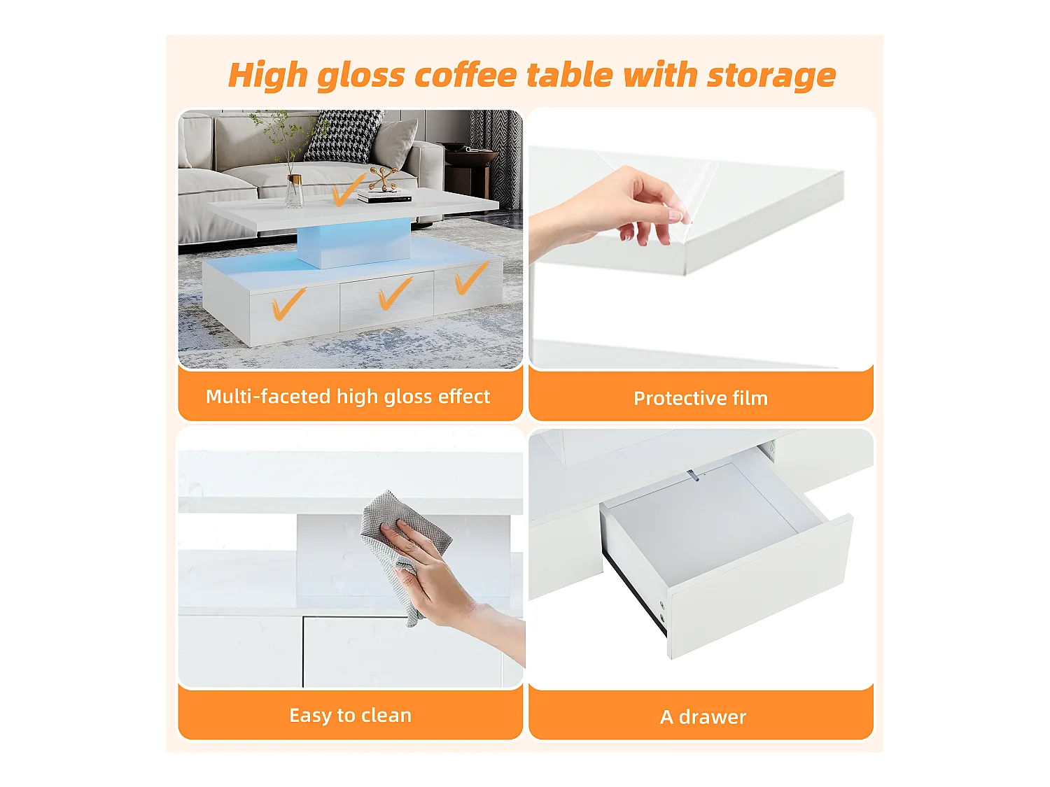 Table basse haute brillance 100x50x39 cm - avec 1 tiroir - Éclairage LED - Rangement ouvert - Blanc