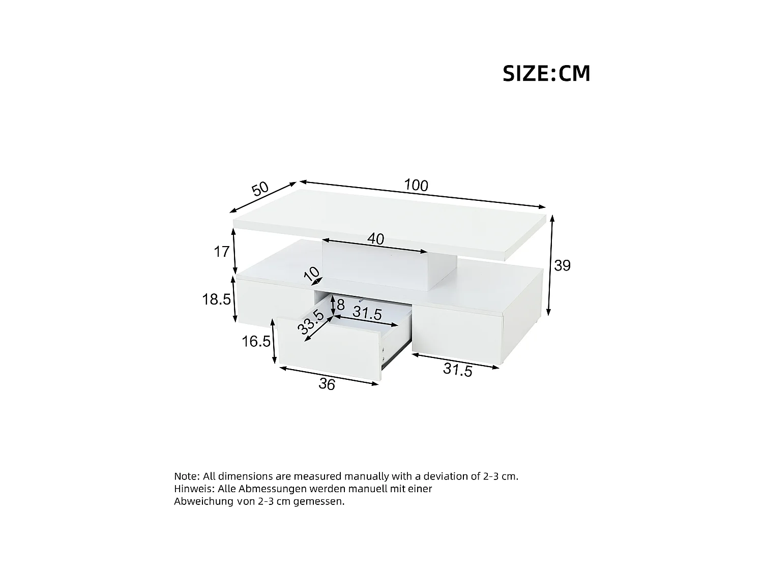 Table basse haute brillance 100x50x39 cm - avec 1 tiroir - Éclairage LED - Rangement ouvert - Blanc