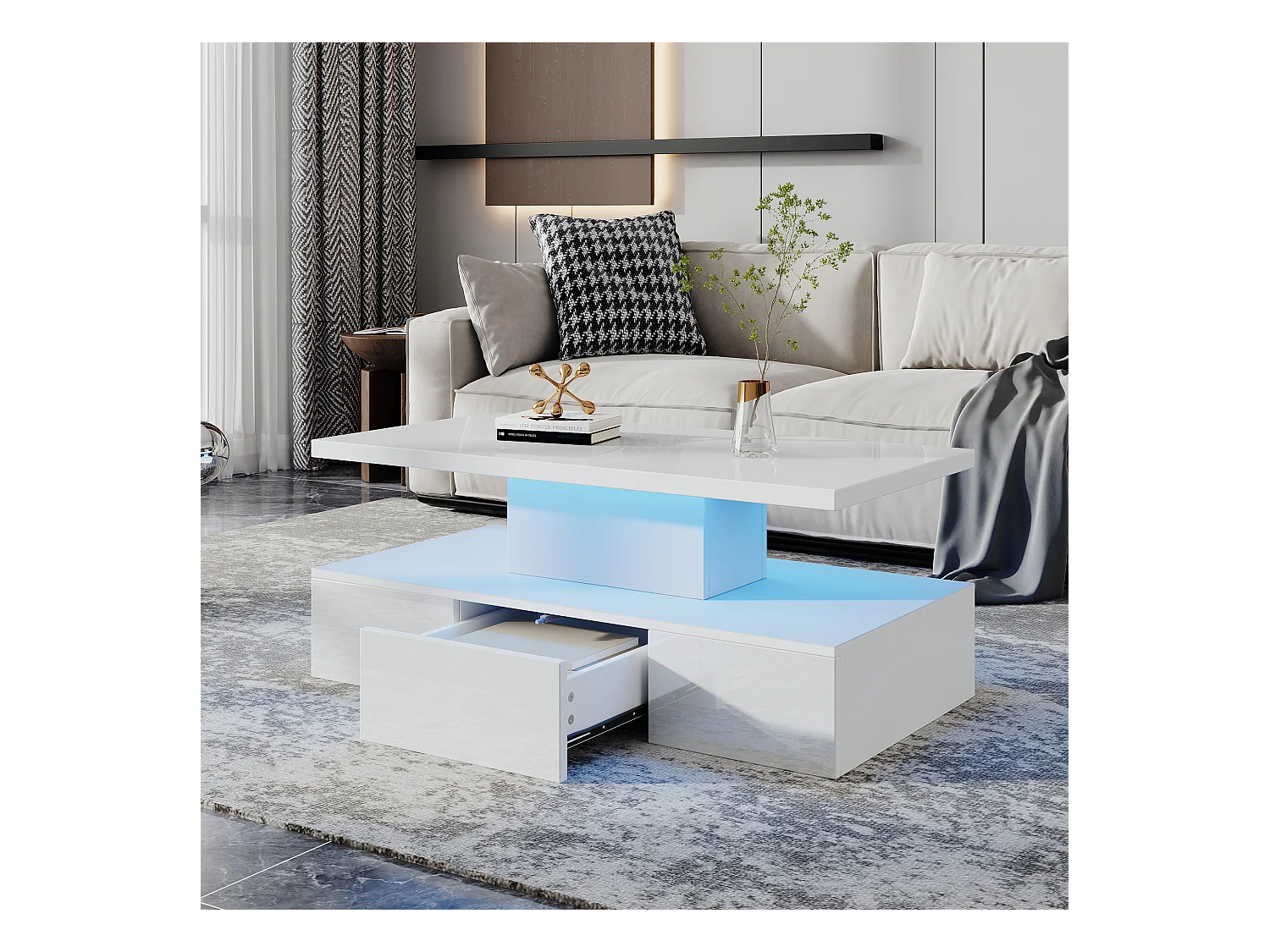Table basse haute brillance 100x50x39 cm - avec 1 tiroir - Éclairage LED - Rangement ouvert - Blanc
