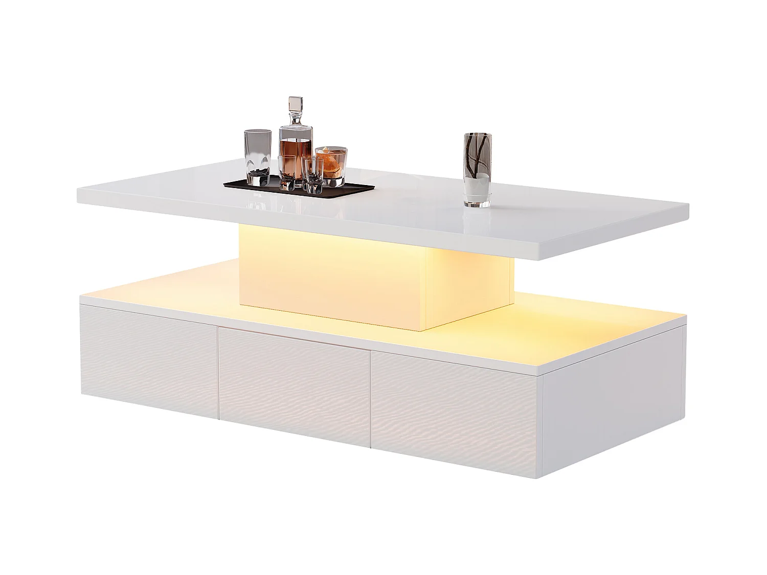 Table basse haute brillance 100x50x39 cm - avec 1 tiroir - Éclairage LED - Rangement ouvert - Blanc