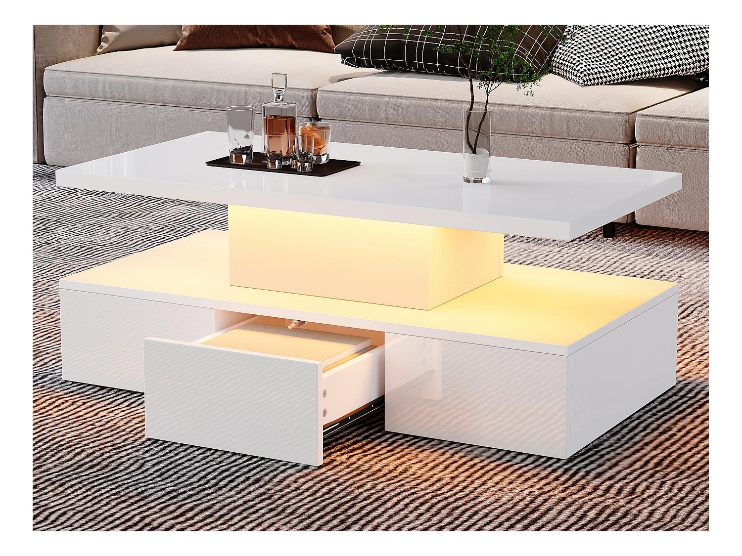 Hoge glans salontafel 100x50x39 cm - met 1 lade - LED-verlichting - Open opbergruimte - Wit