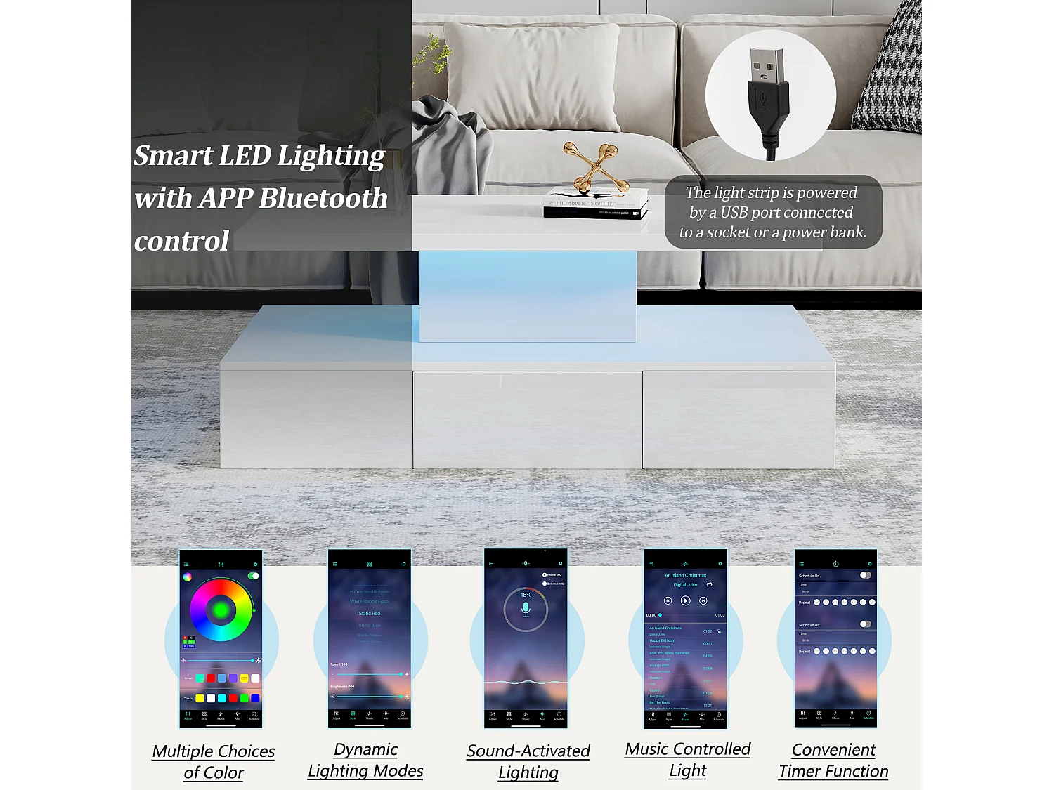 Table basse haute brillance 100x50x39 cm - avec 1 tiroir - Éclairage LED - Rangement ouvert - Blanc