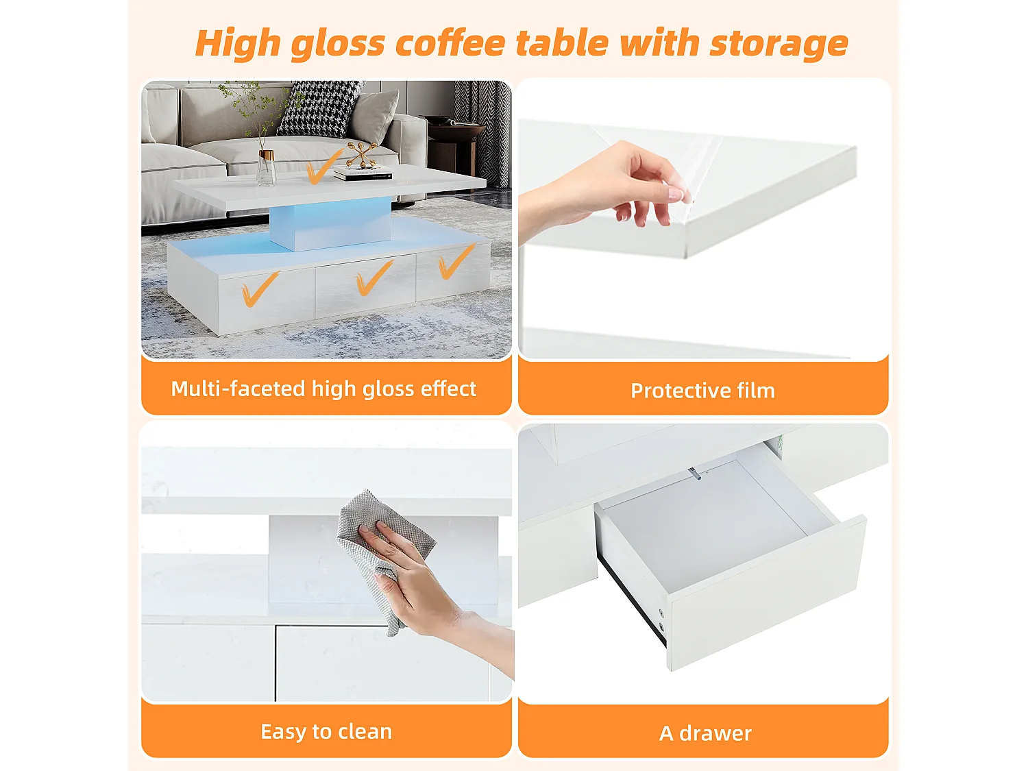 Table basse haute brillance 100x50x39 cm - avec 1 tiroir - Éclairage LED - Rangement ouvert - Blanc