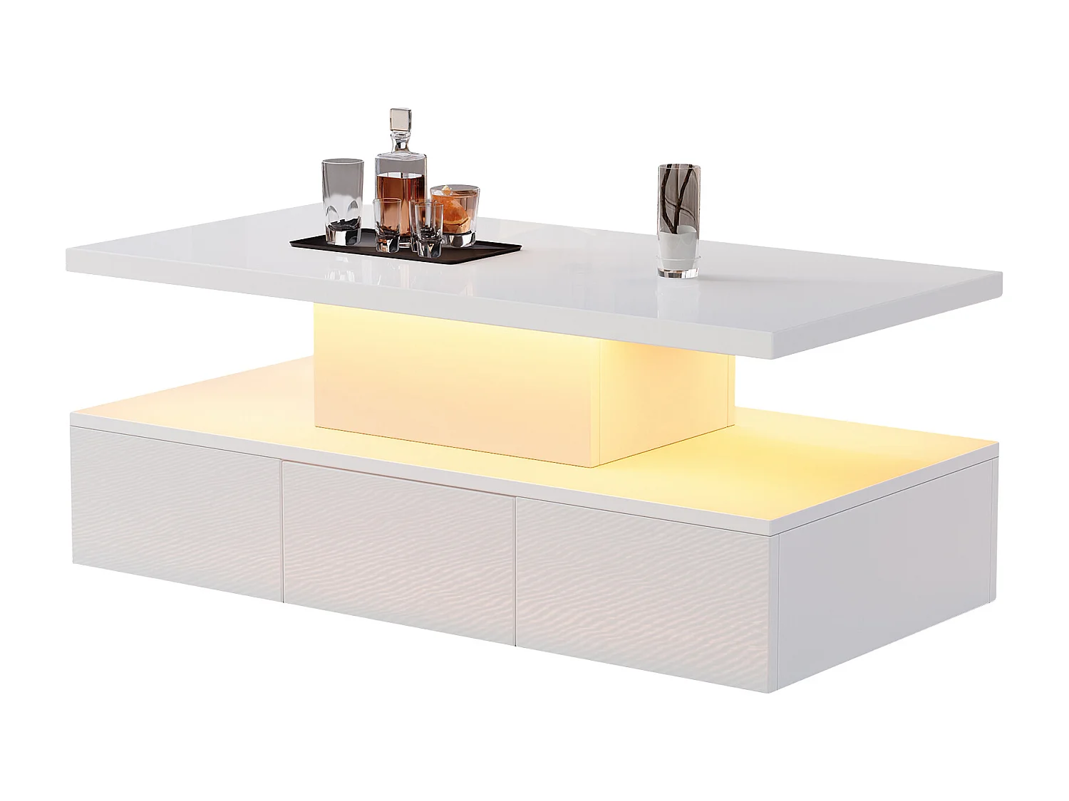 Table basse haute brillance 100x50x39 cm - avec 1 tiroir - Éclairage LED - Rangement ouvert - Blanc