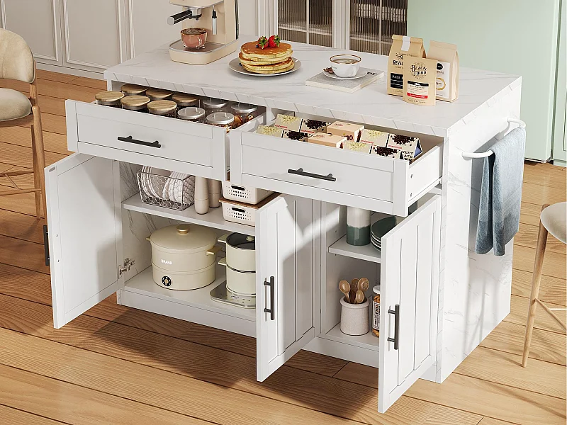 Ilot central de cuisine - avec prise USB - avec 2 tiroirs et 3 portes - avec porte-serviettes - plateau de table à manger effet marbre - Blanc