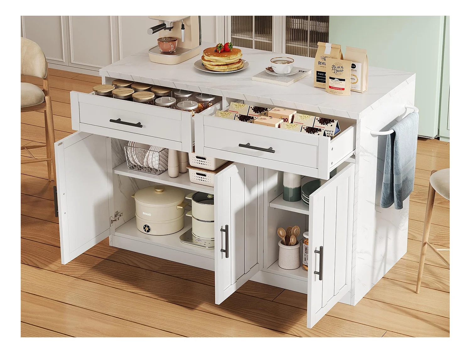 Ilot central de cuisine - avec prise USB - avec 2 tiroirs et 3 portes - avec porte-serviettes - plateau de table à manger effet marbre - Blanc