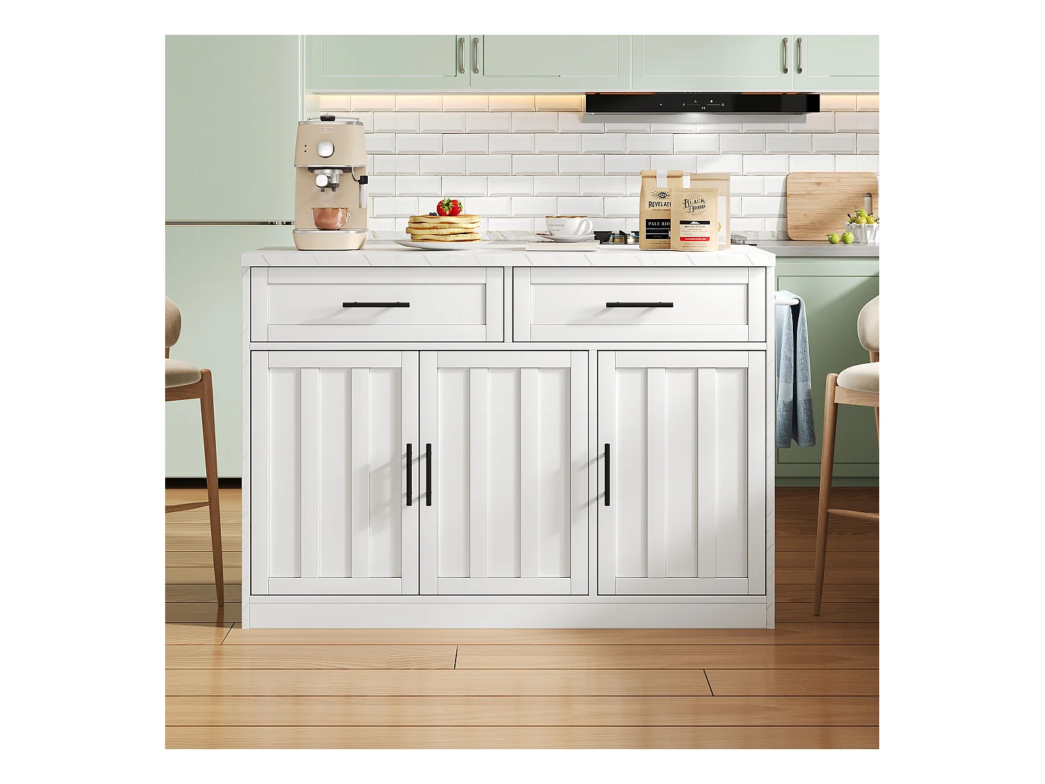 Ilot central de cuisine - avec prise USB - avec 2 tiroirs et 3 portes - avec porte-serviettes - plateau de table à manger effet marbre - Blanc