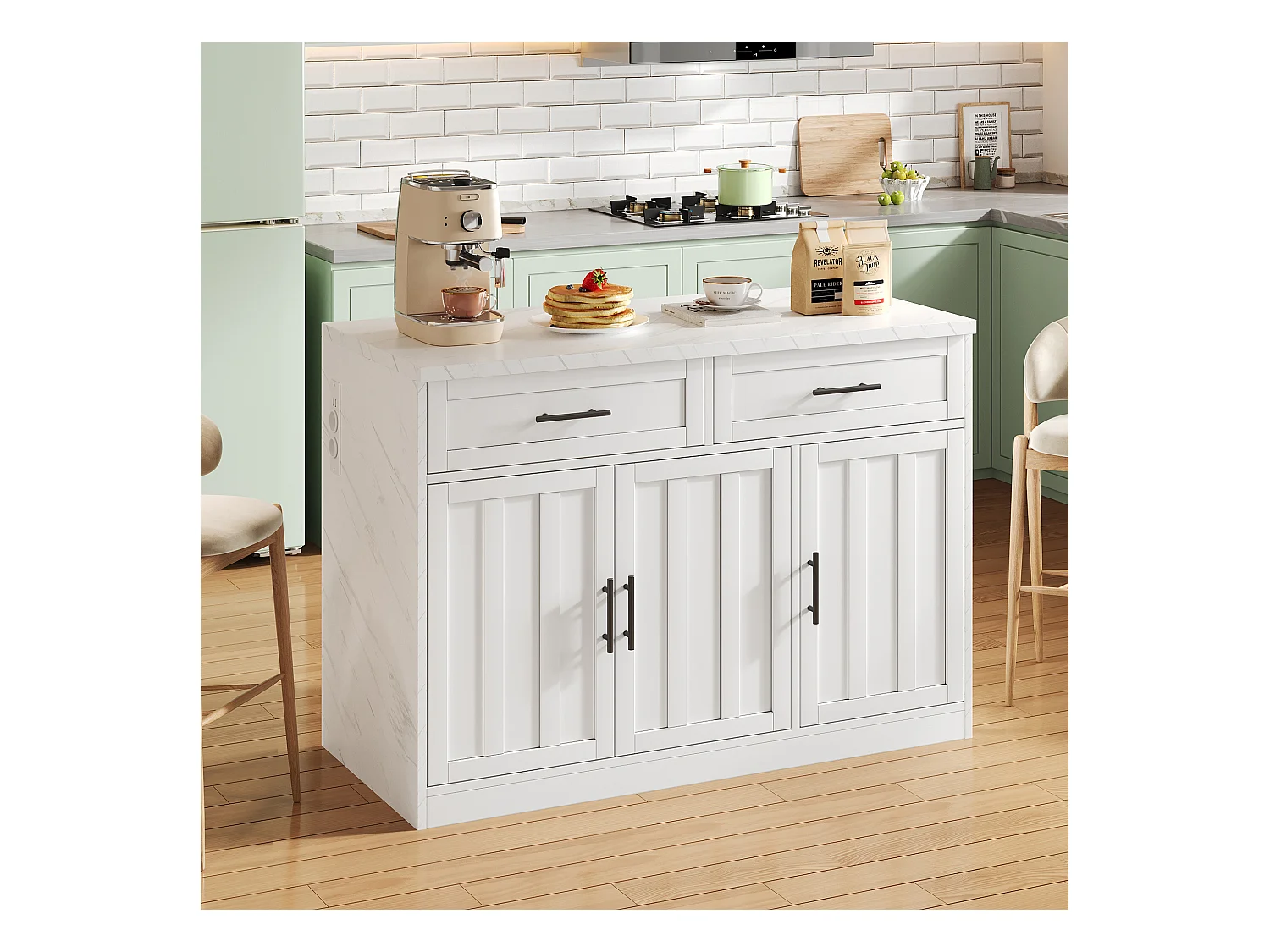 Ilot central de cuisine - avec prise USB - avec 2 tiroirs et 3 portes - avec porte-serviettes - plateau de table à manger effet marbre - Blanc