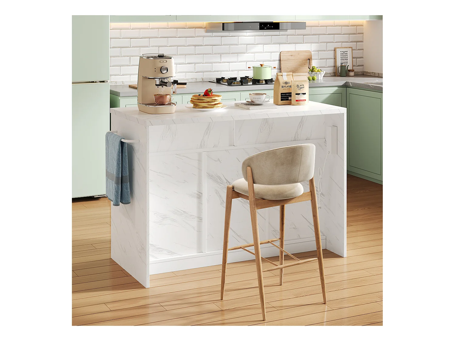 Ilot central de cuisine - avec prise USB - avec 2 tiroirs et 3 portes - avec porte-serviettes - plateau de table à manger effet marbre - Blanc