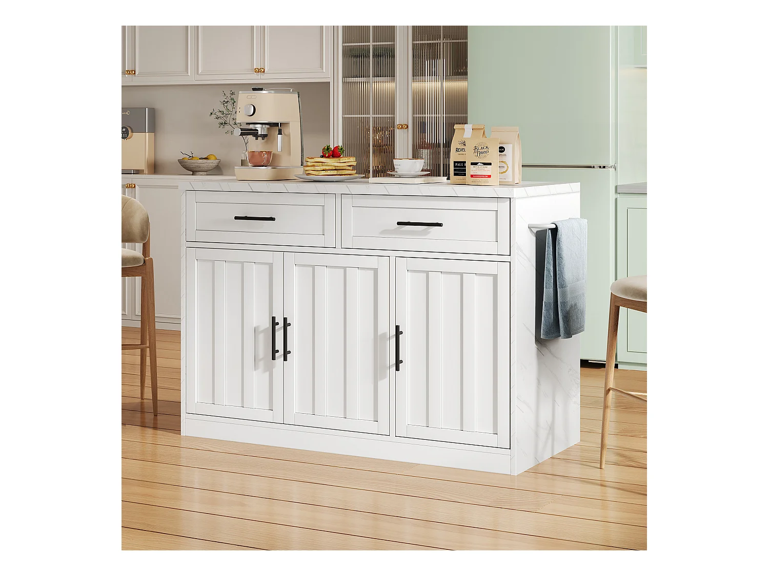 Ilot central de cuisine - avec prise USB - avec 2 tiroirs et 3 portes - avec porte-serviettes - plateau de table à manger effet marbre - Blanc